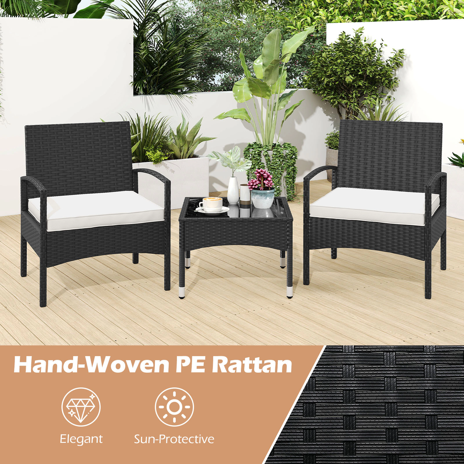 SUGIFT 3-Piece PE Rattan Patio Conversation Set Bistro Chairs & Table 400-lb Chair Capacity Black Rattan Beige Cushions