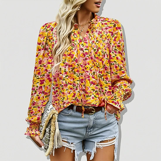 Zeagoo Woman Floral Printed Blouses Bohemian Long Sleeve Tops Boho Drawstring Shirts