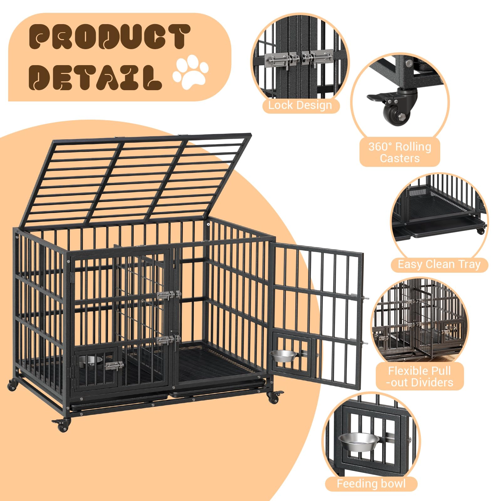 Heavy Duty Extra Large Metal Dog Crate with Roof Top, 2 Doors, Removable Tray & Wheels for High Anxiety Giant Breeds