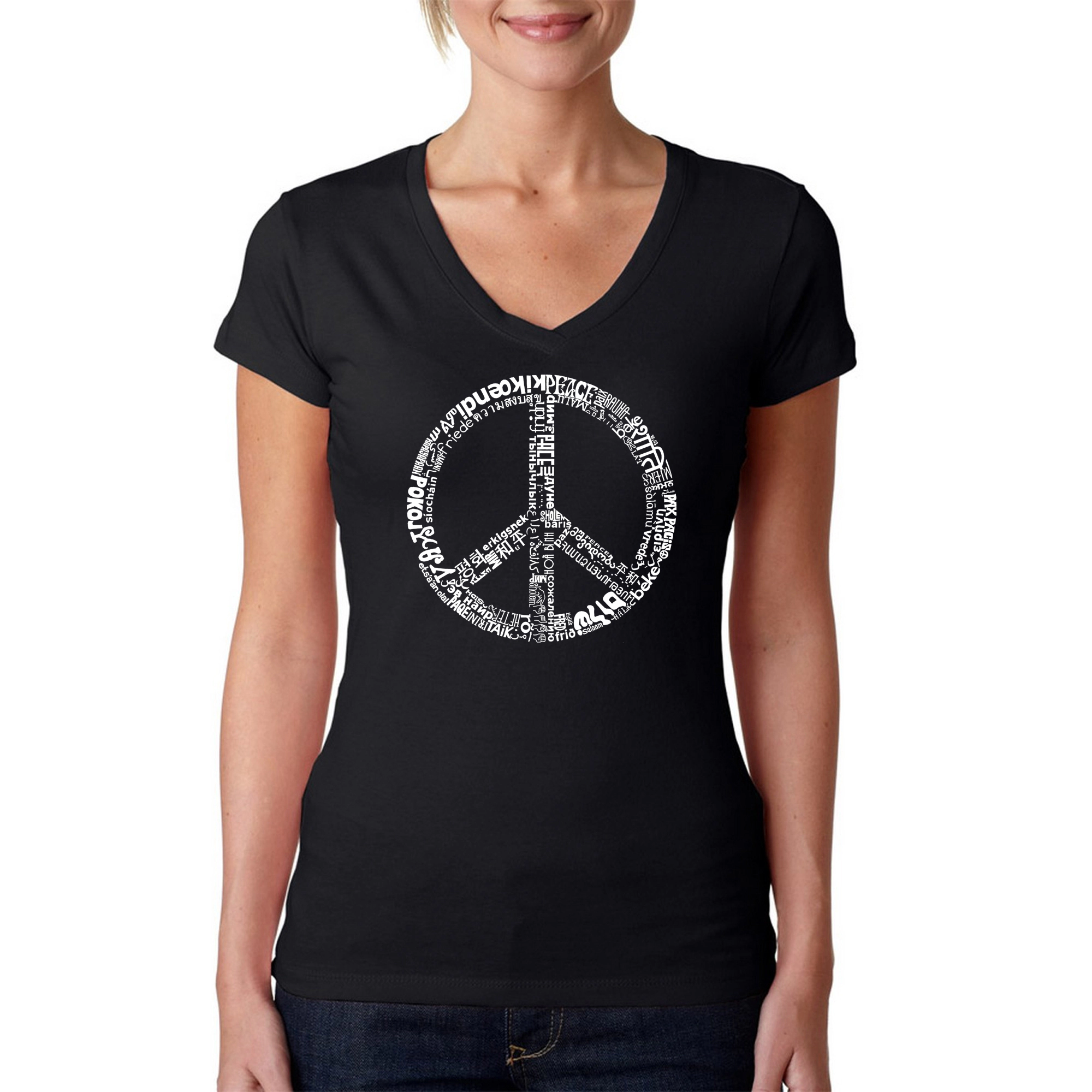 LA Pop Art Womens WORD V-Neck T-Shirt - THE PEACE 77 LANGUAGES