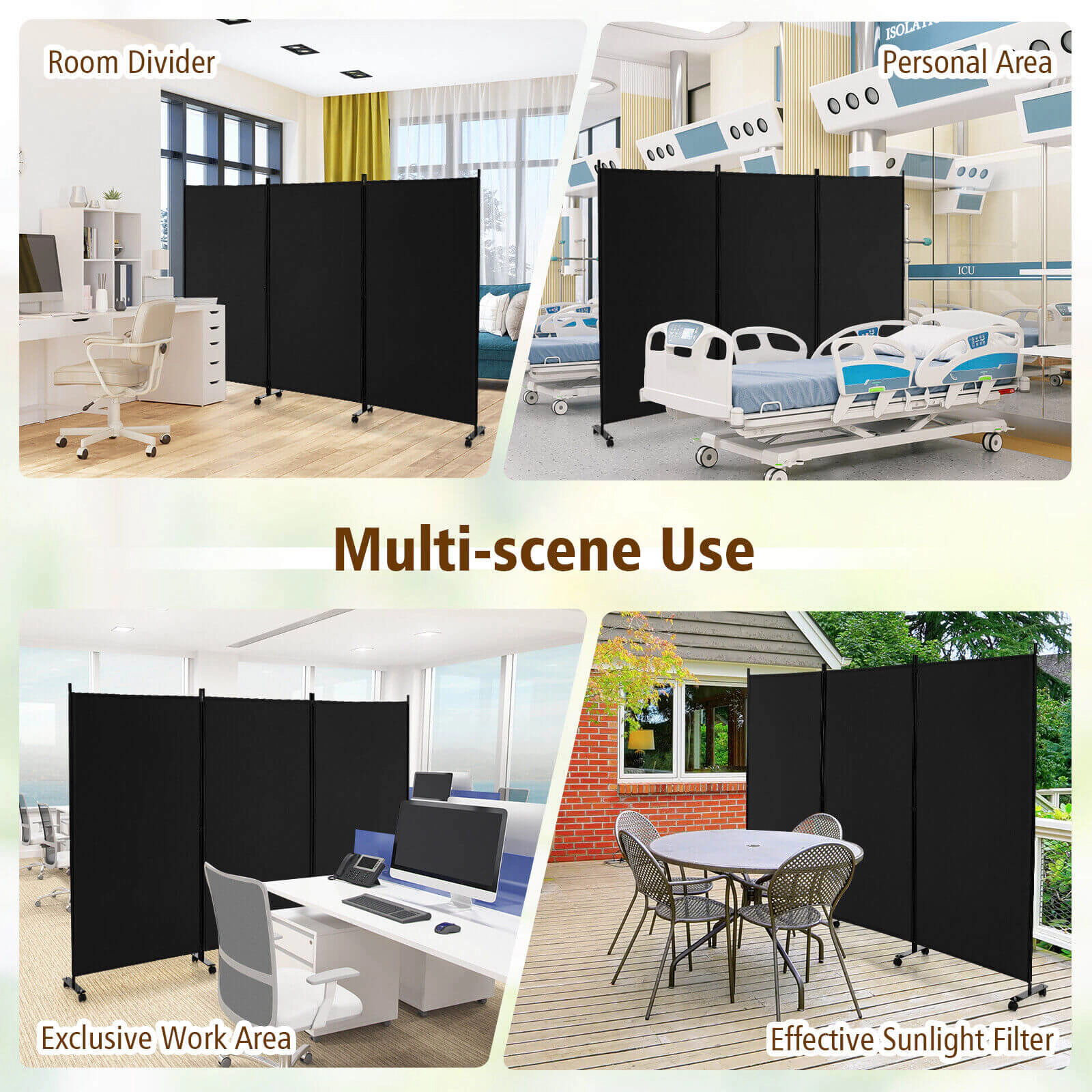 SUGIFT Black 3-Panel Folding Room Divider Privacy Screen with Lockable Wheels and 32-in by 65-in Panels