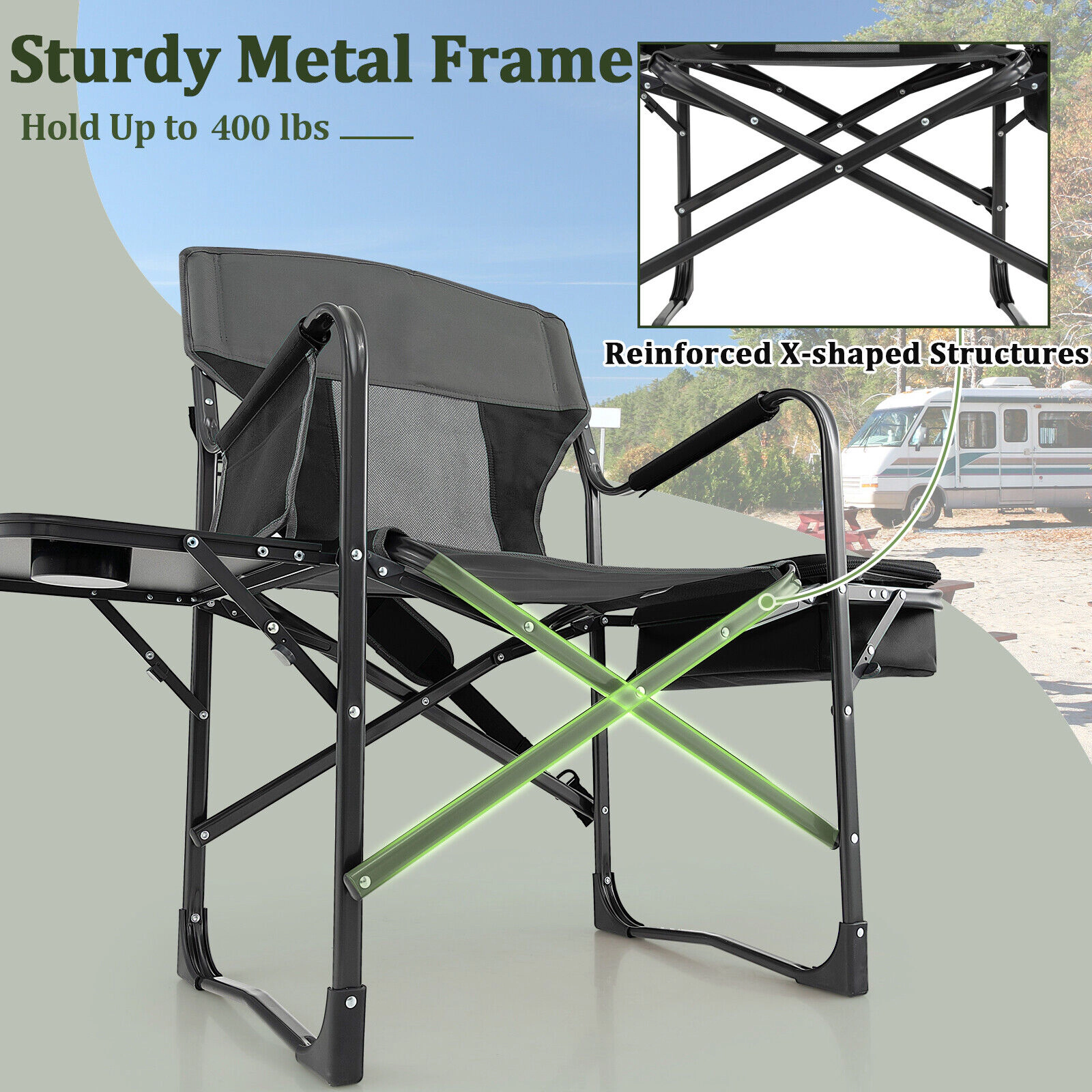 SUGIFT Black Folding Directors Chair with Cooler Bag and Side Table 45-in W 22-in D 39-in H 400-lb Seat Capacity