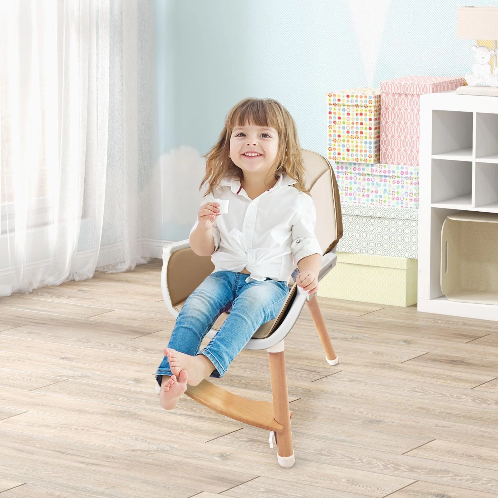 SUGIFT Beige 4-Level Adjustable Dishwasher Safe Tray and Beech Wood Legs Baby High Chair