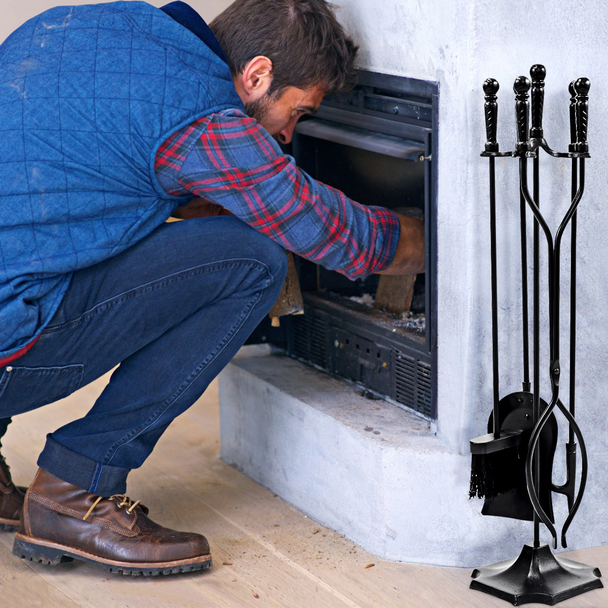 SUGIFT 5-Piece Iron Hearth Fireplace Tool Set and Stand Poker Tong Brush Shovel 31-in Tall 7 x 7-in Base Bronze/Black