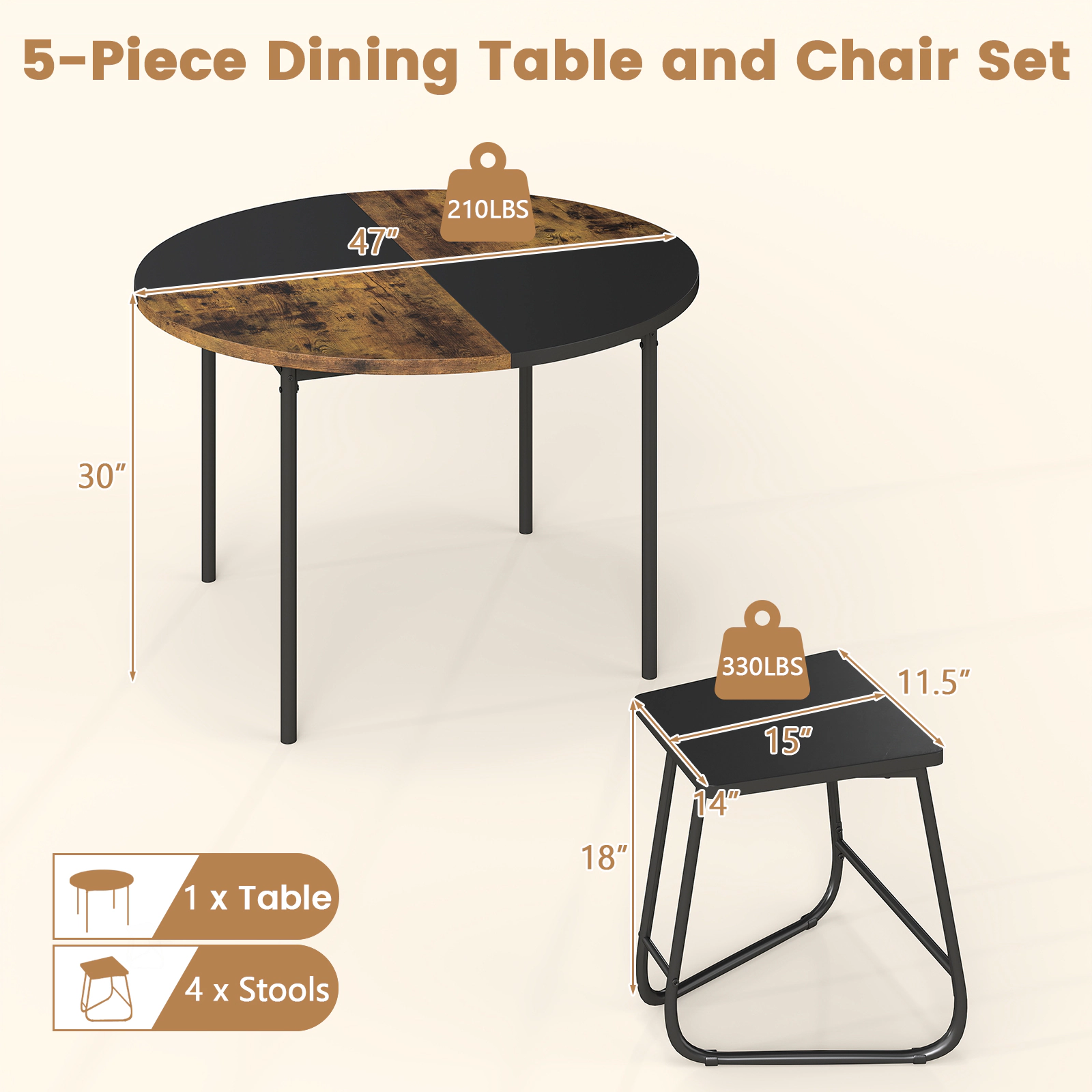 SUGIFT 5-Piece Round Dining Set with 47 x 30-in Table 210-lb Table 330-lb Stools for 4 Black and Brown