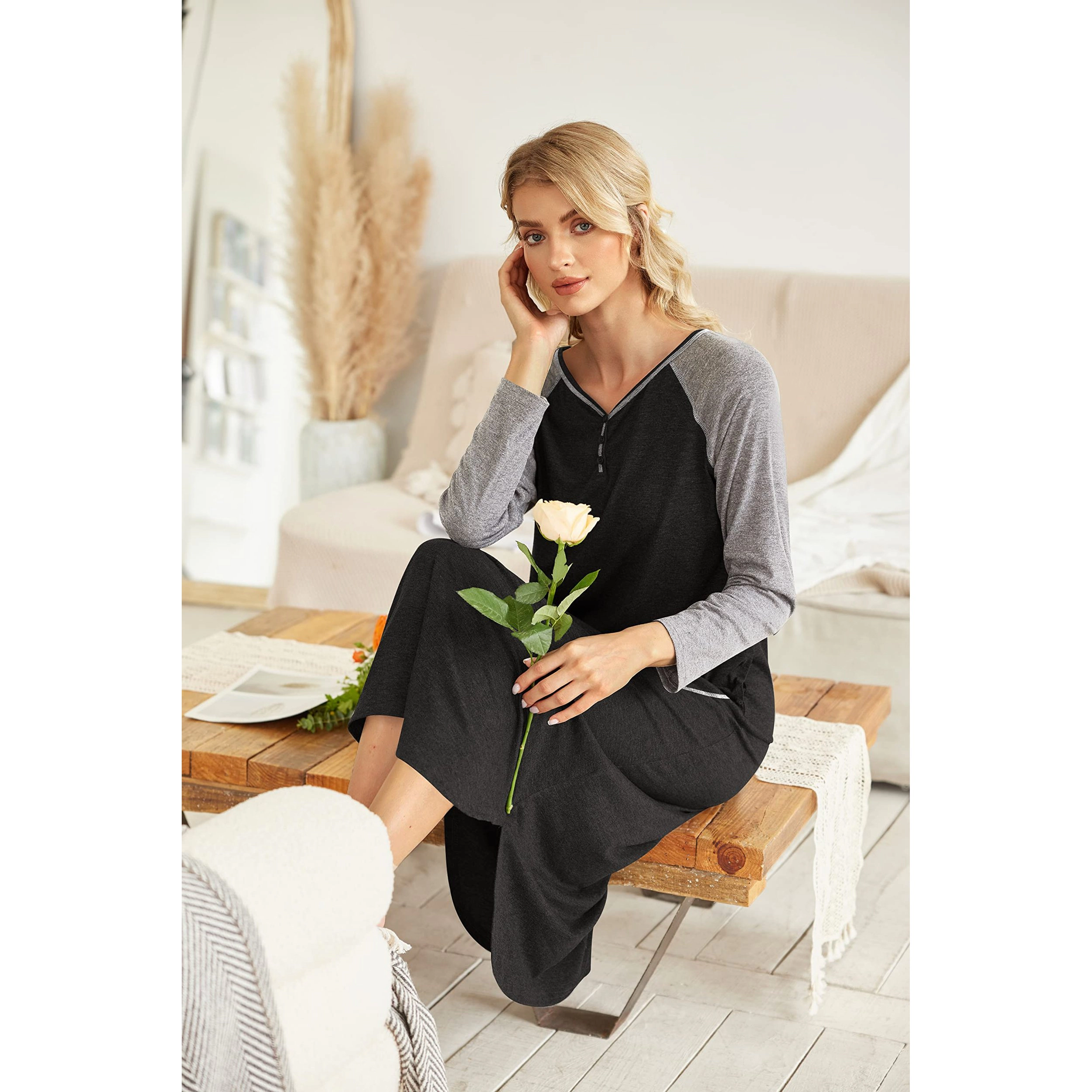 Ekouaer Women's Nightgown V-Neck Loungewear Long Sleeve Sleepwear Full Length for Women