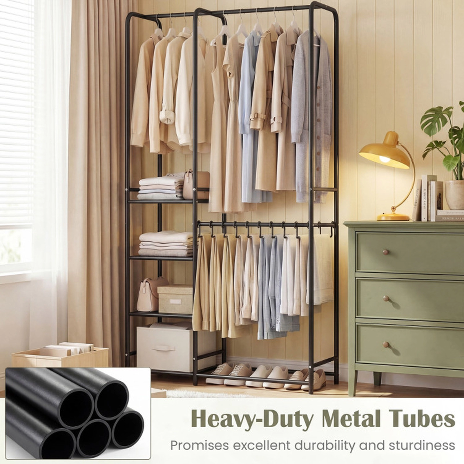 SUGIFT 2 Hanging Rods 4 Shelves 10 Pants Hangers Metal Portable Closet 33-in x 15-in x 63-in 120-lb Capacity Black