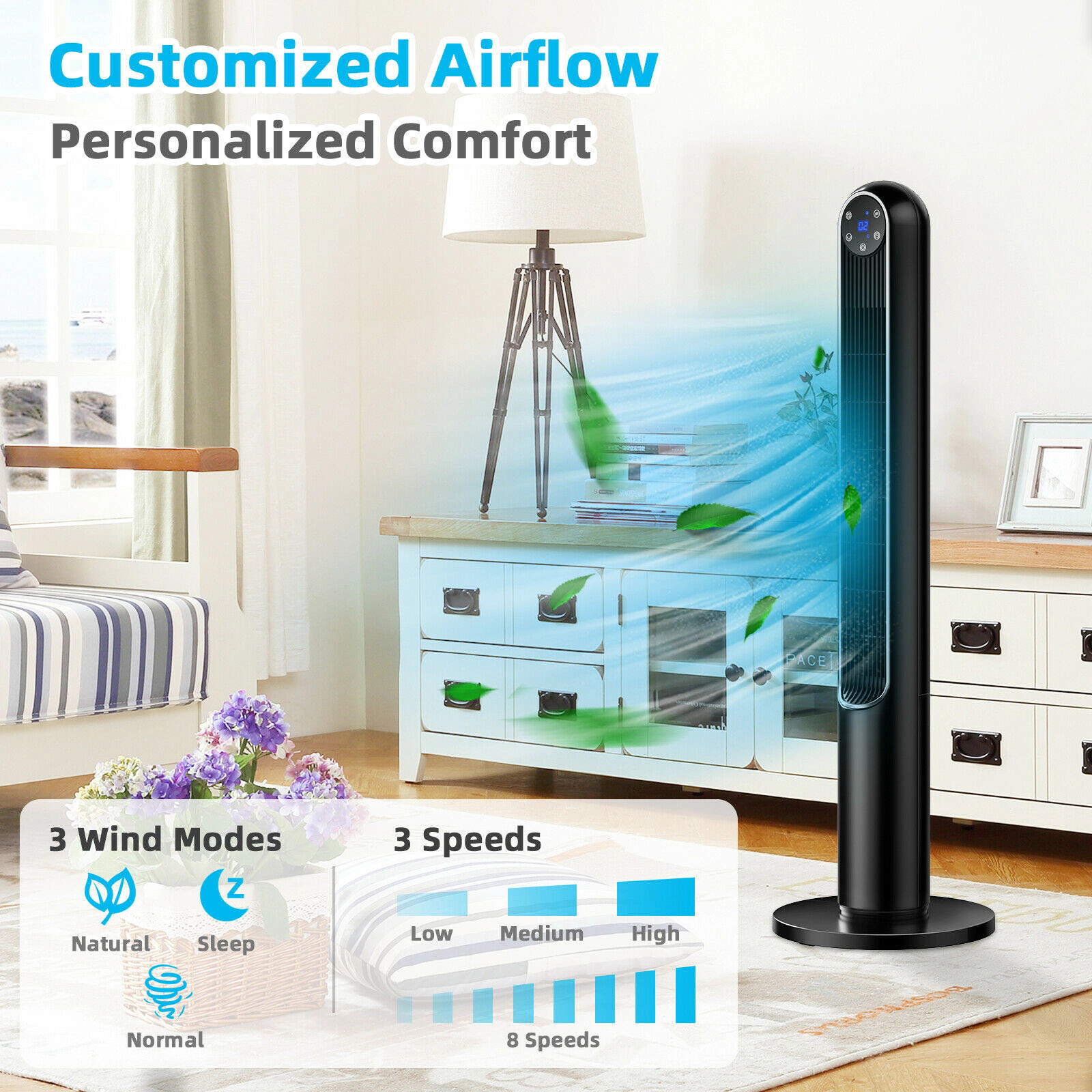 SlickBlue 42-Inch Bladeless Tower Fan with Remote Control and 14 Wind Settings