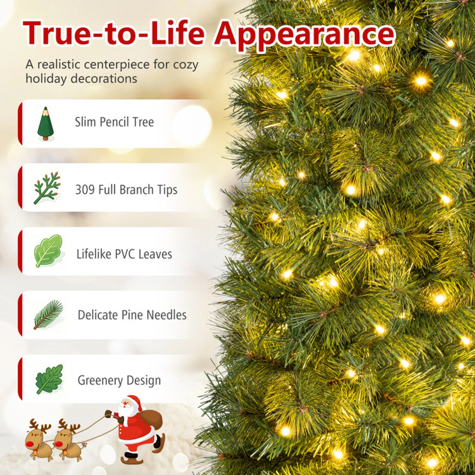 SUGIFT 5-Ft Pre-Lit Skinny Pencil Pine Christmas Tree, 100 Warm White LED Lights, 309 Tips