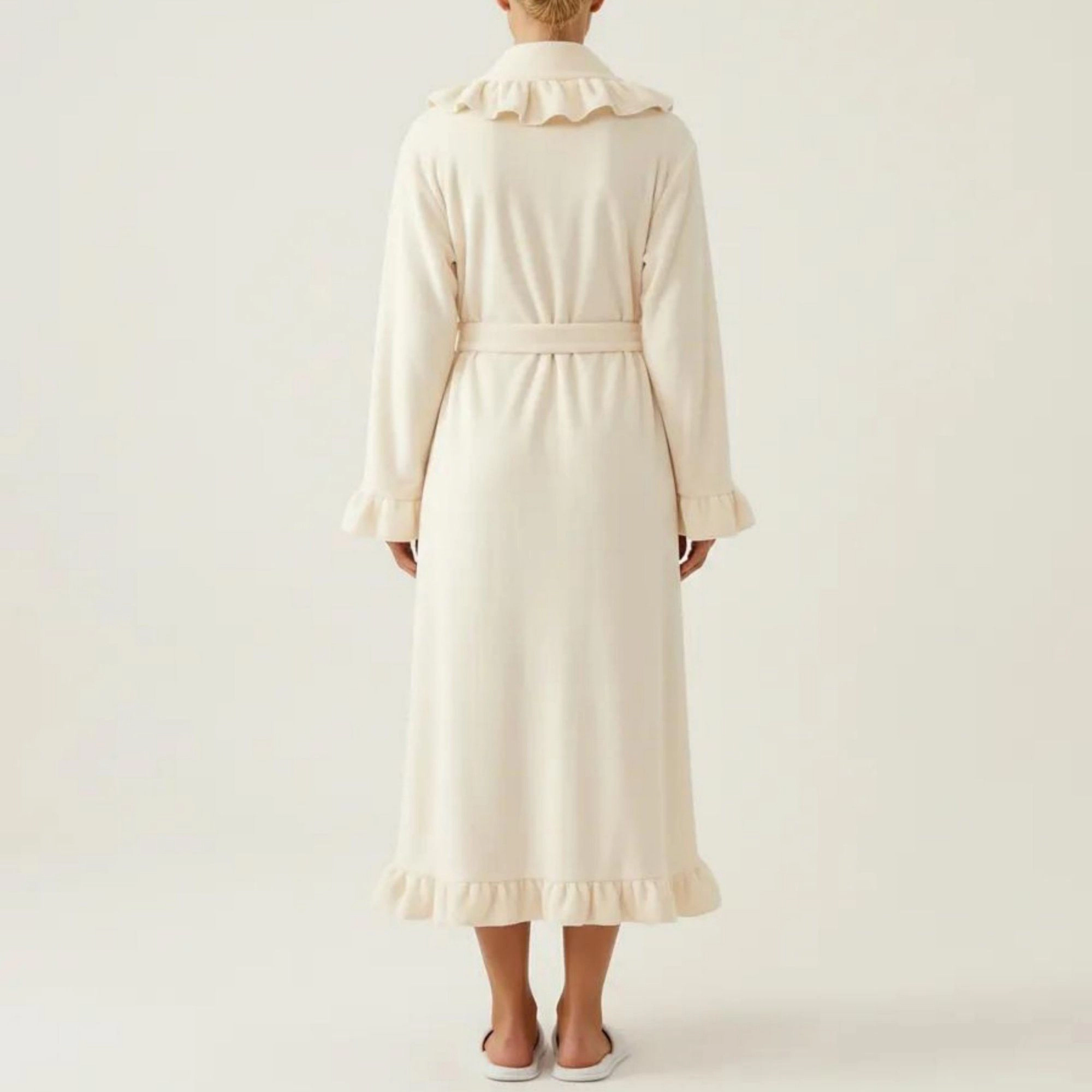 Anna-Kaci Women's Long Sleeve Wrap Robe with Ruffle Trim Shawl Collar Tie Waist Belt Soft Lightweight Full Length