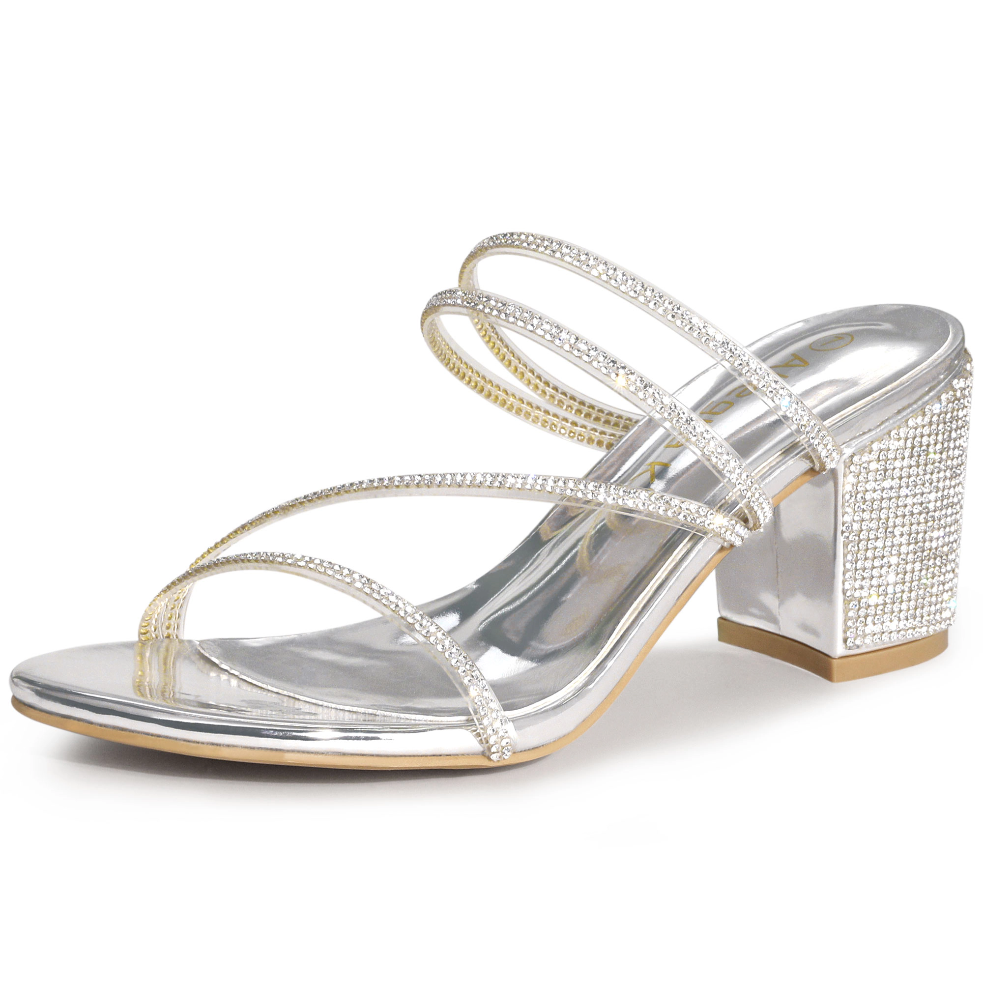 BLISSFUL STEP Women's Open Toe Strappy Rhinestone Block Heel Slide Sandals