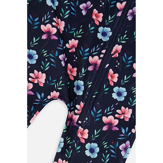 Deux par Deux Girls One Piece Floral Print Asymmetric Zip Thermal Underwear
