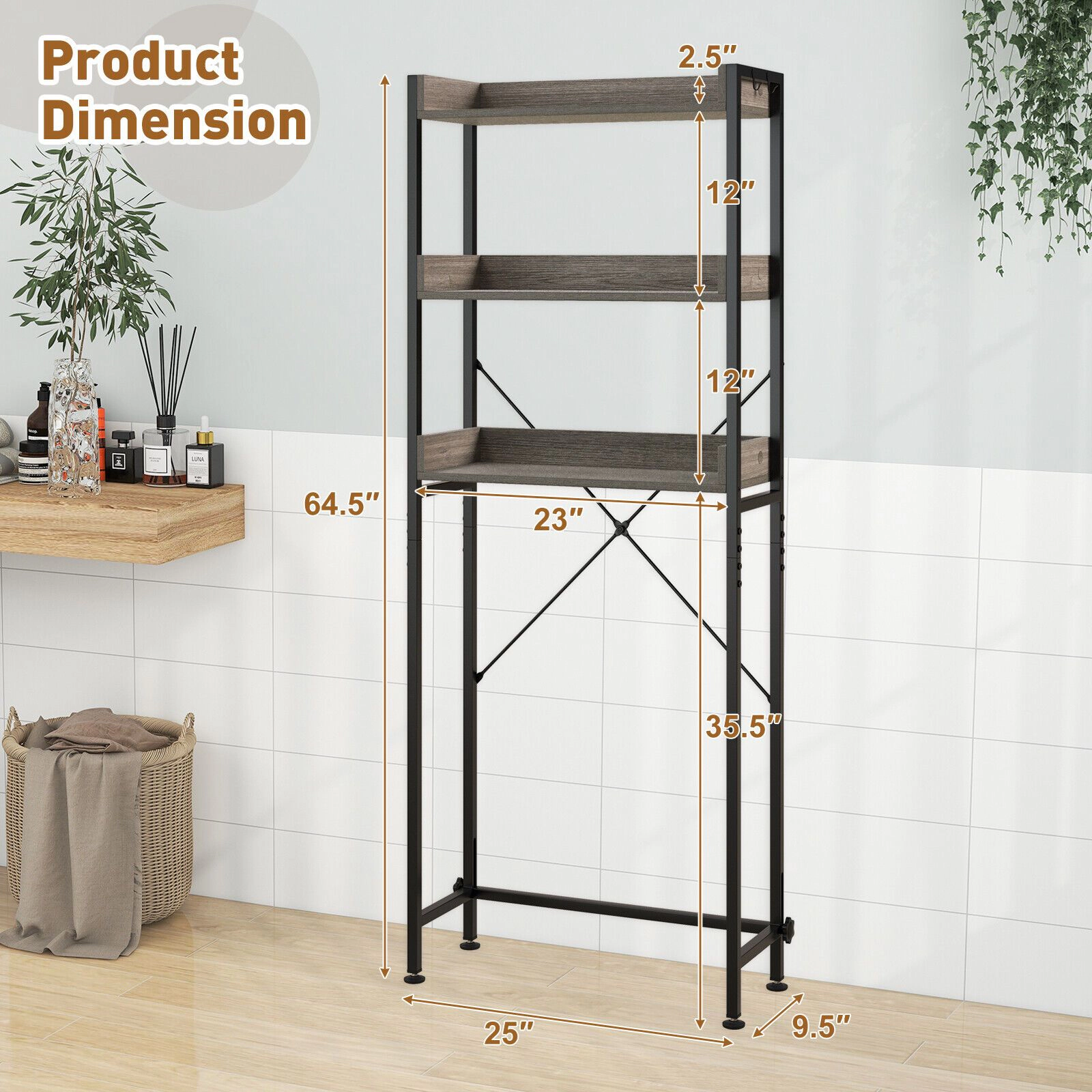 SlickBlue Bathroom Over Toilet Organizer with 3 Shelves and Hooks