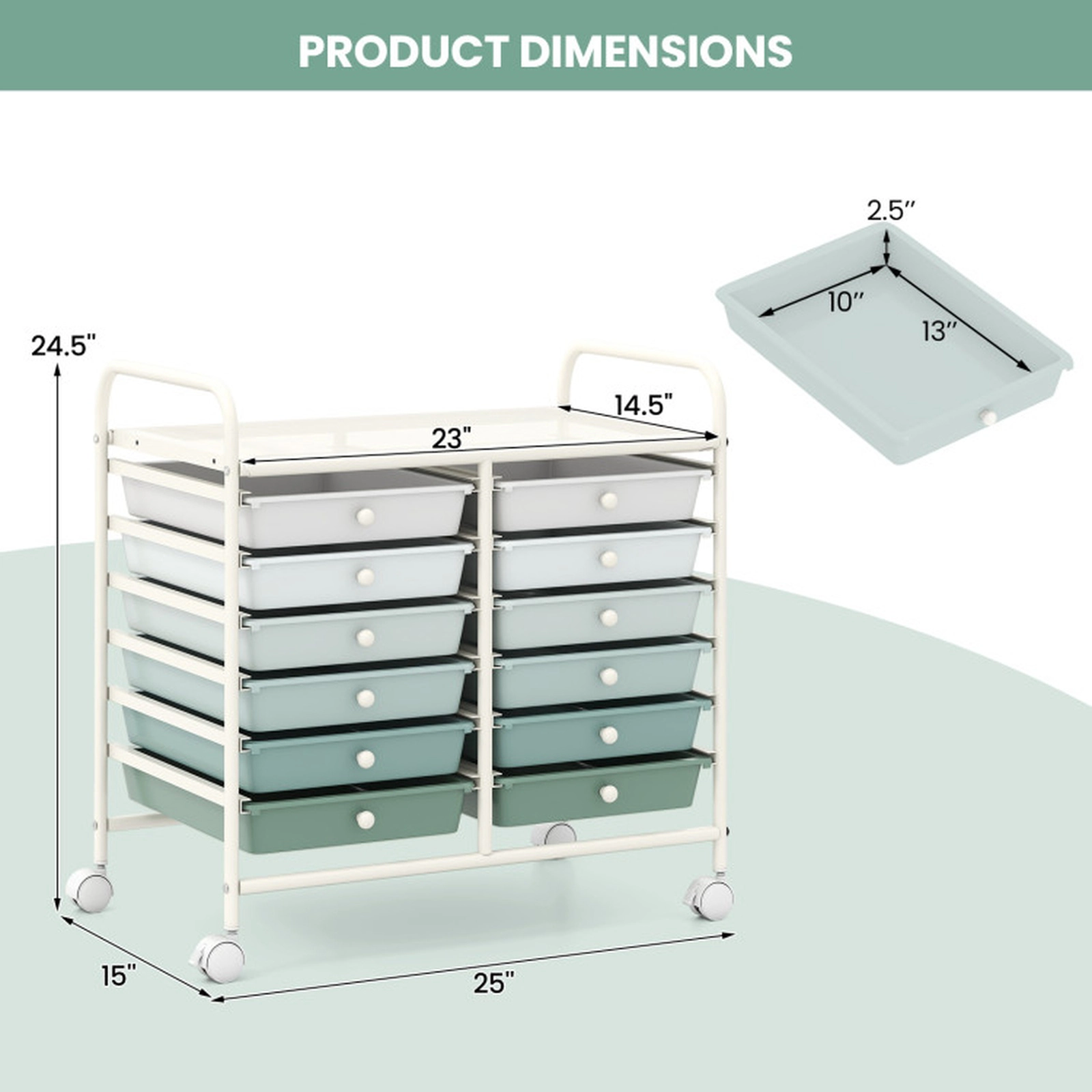 SUGIFT Green Gradient 12-Drawer Rolling Storage Cart Student Study and Craft Station with Locking Casters