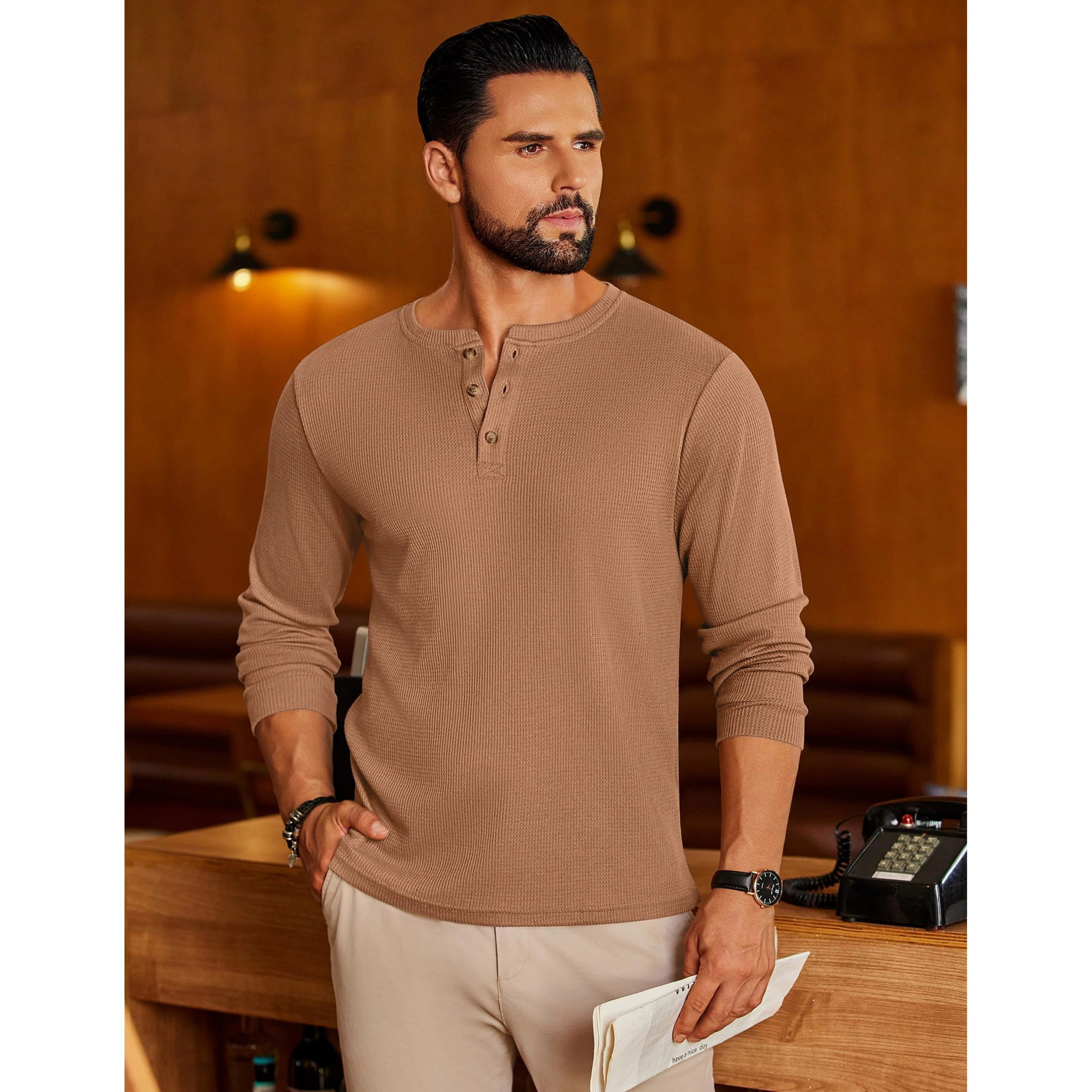 Ekouaer Mens Henley Long Sleeve Shirts Waffle T Shirt Lightweight Thermal Undershirts