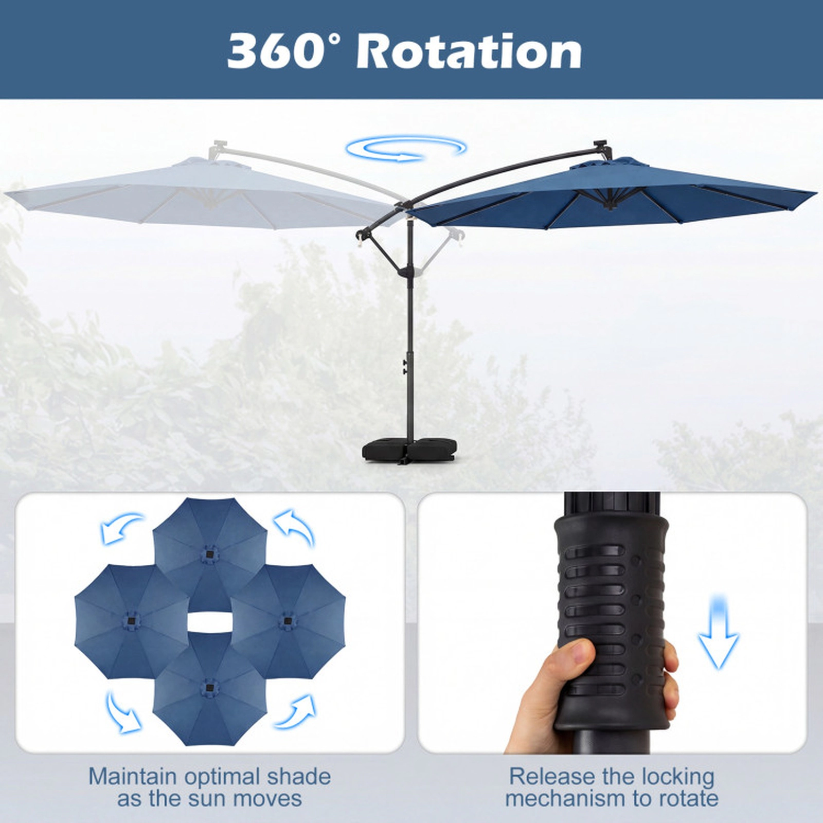 SUGIFT 10-ft Blue Solar LED Offset Cantilever Patio Umbrella with Cross Base and 2 Sandbags for Backyard