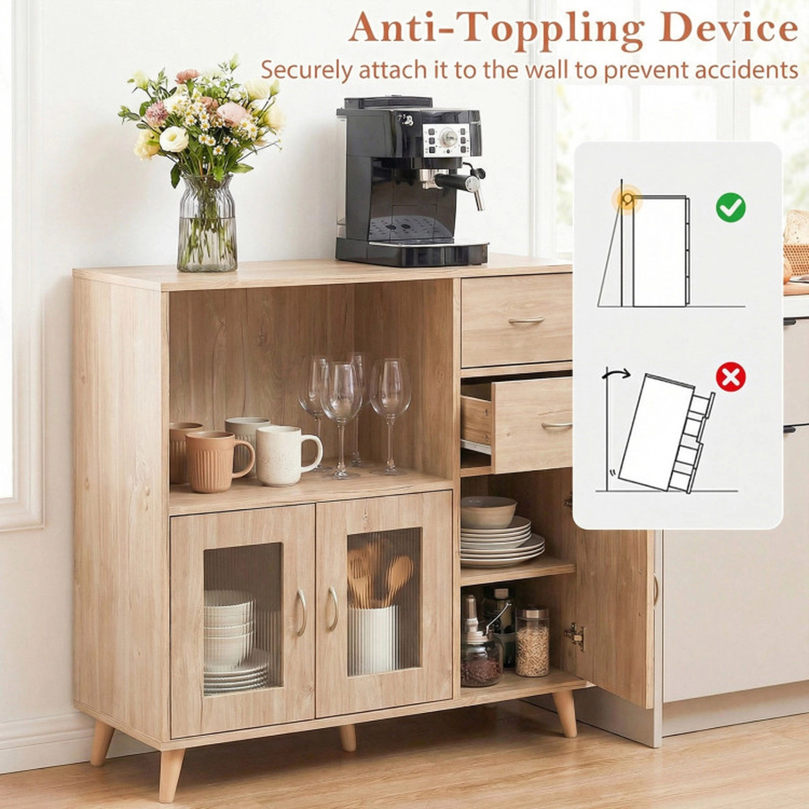 SUGIFT 2-Drawer Open Shelf Clear Doors Farmhouse Buffet Sideboard 36-in x 16-in x 35.5-in 330-lb Capacity Natural