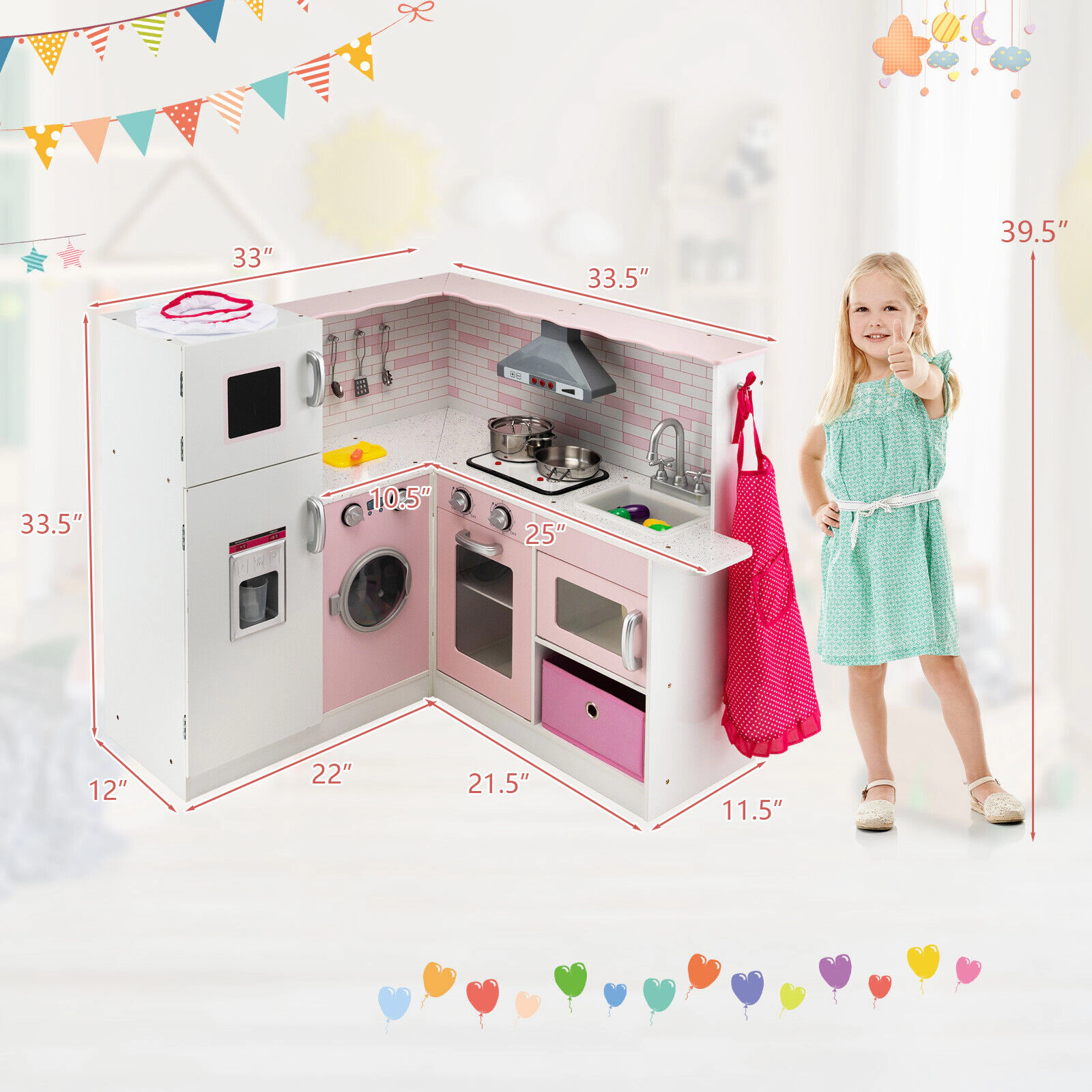 SUGIFT White and Pink Sound Light and Cookware Corner Kids Wooden Play Kitchen Set