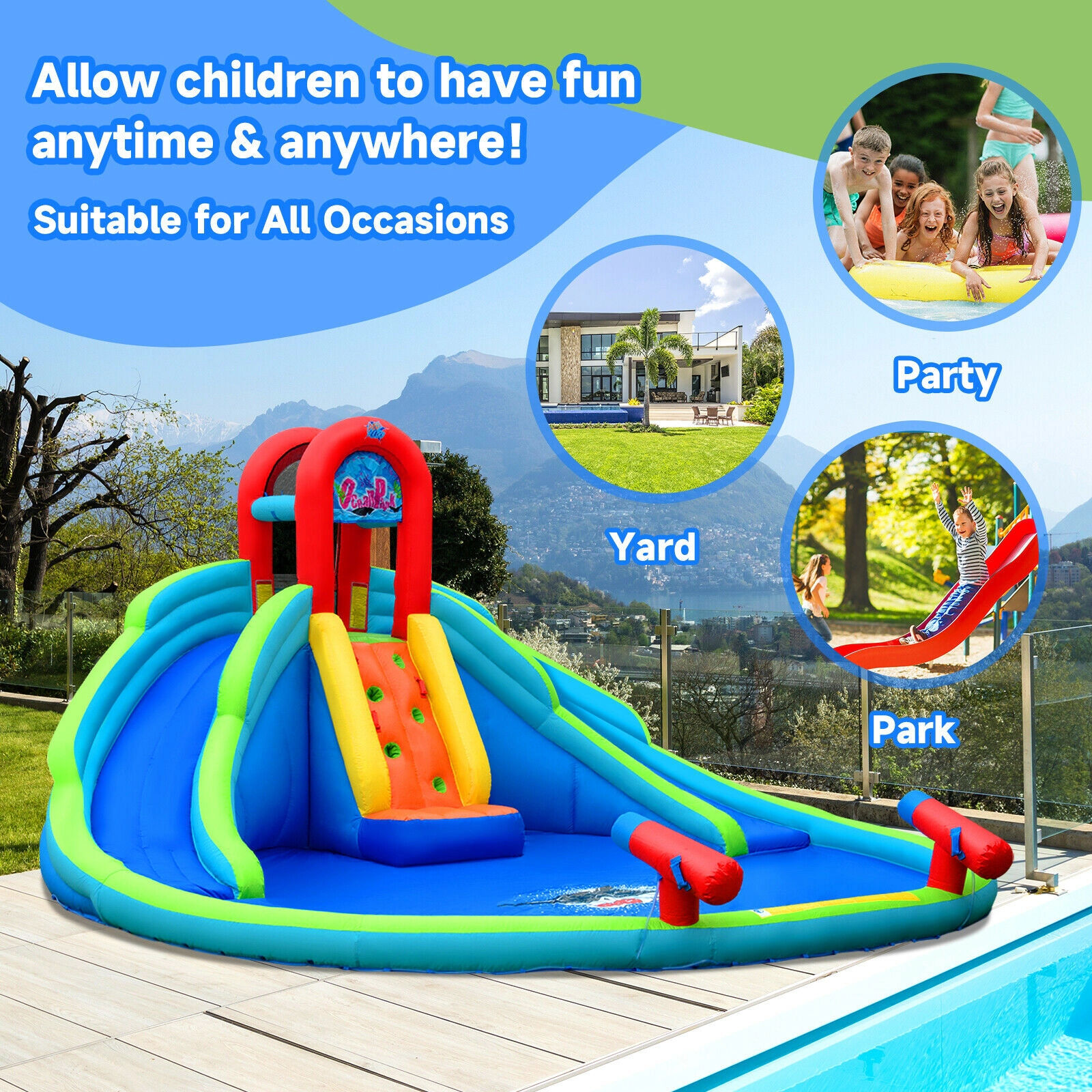 SUGIFT 216-in 300-lb Capacity Inflatable Water Slide Bounce House with 2 Slides Climbing Wall and Splash Pool