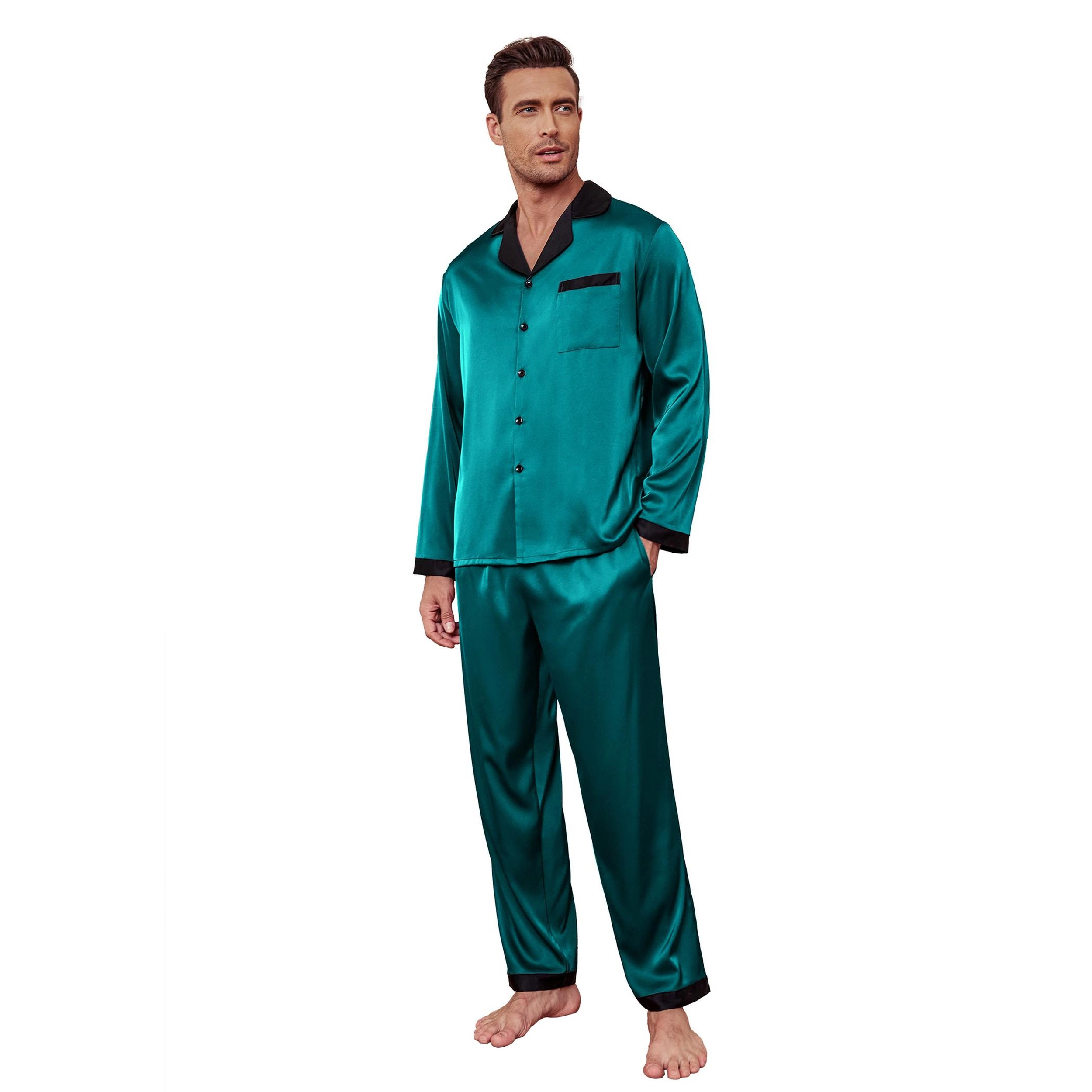 Ekouaer Men's Notched Collar Long Sleeve Satin Silk Pajama Set