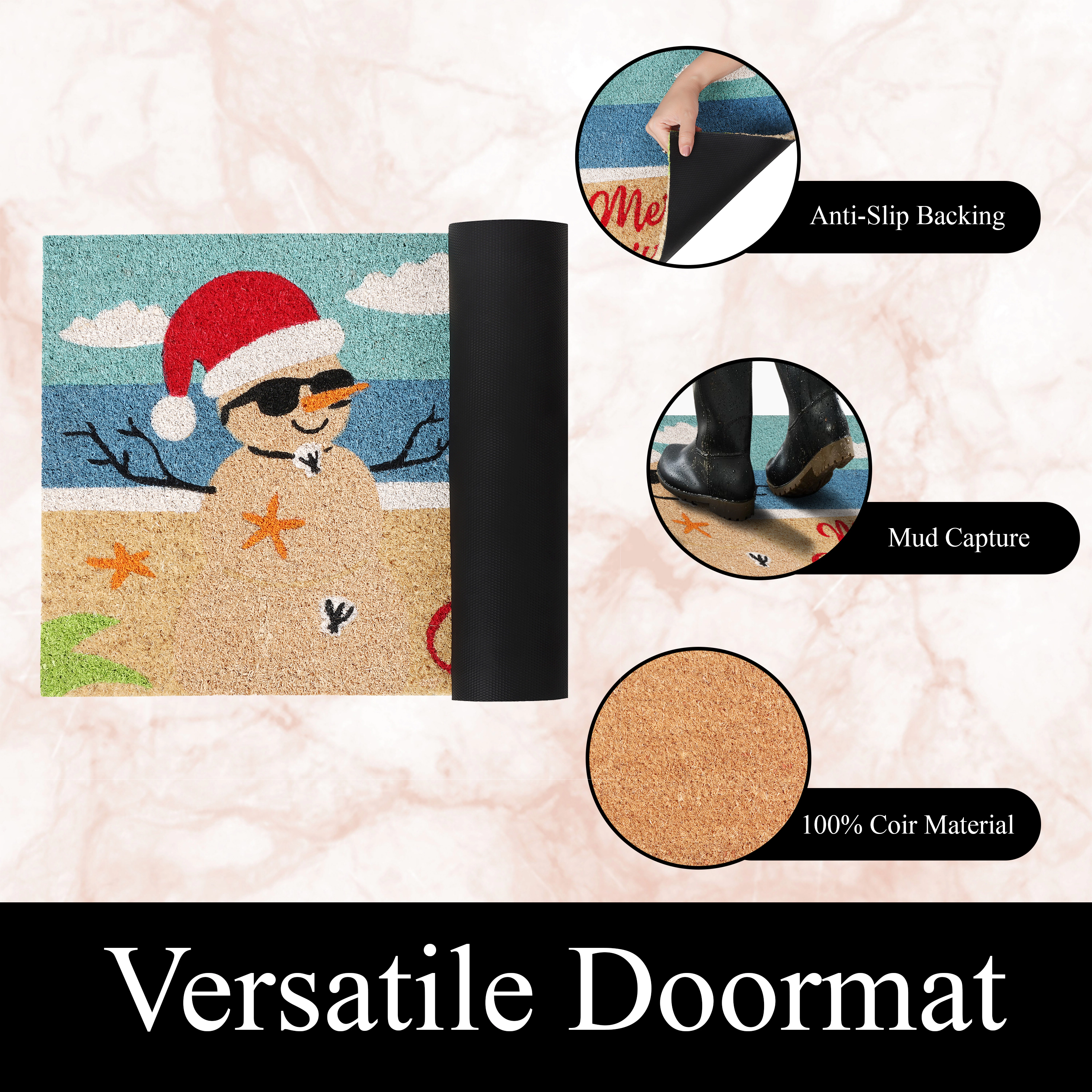 A1 Home Collections Natural Coir Coastal Christmas Doormat Heavy Duty Non-Slip PVC Backing Outdoor Mat 18 x 30