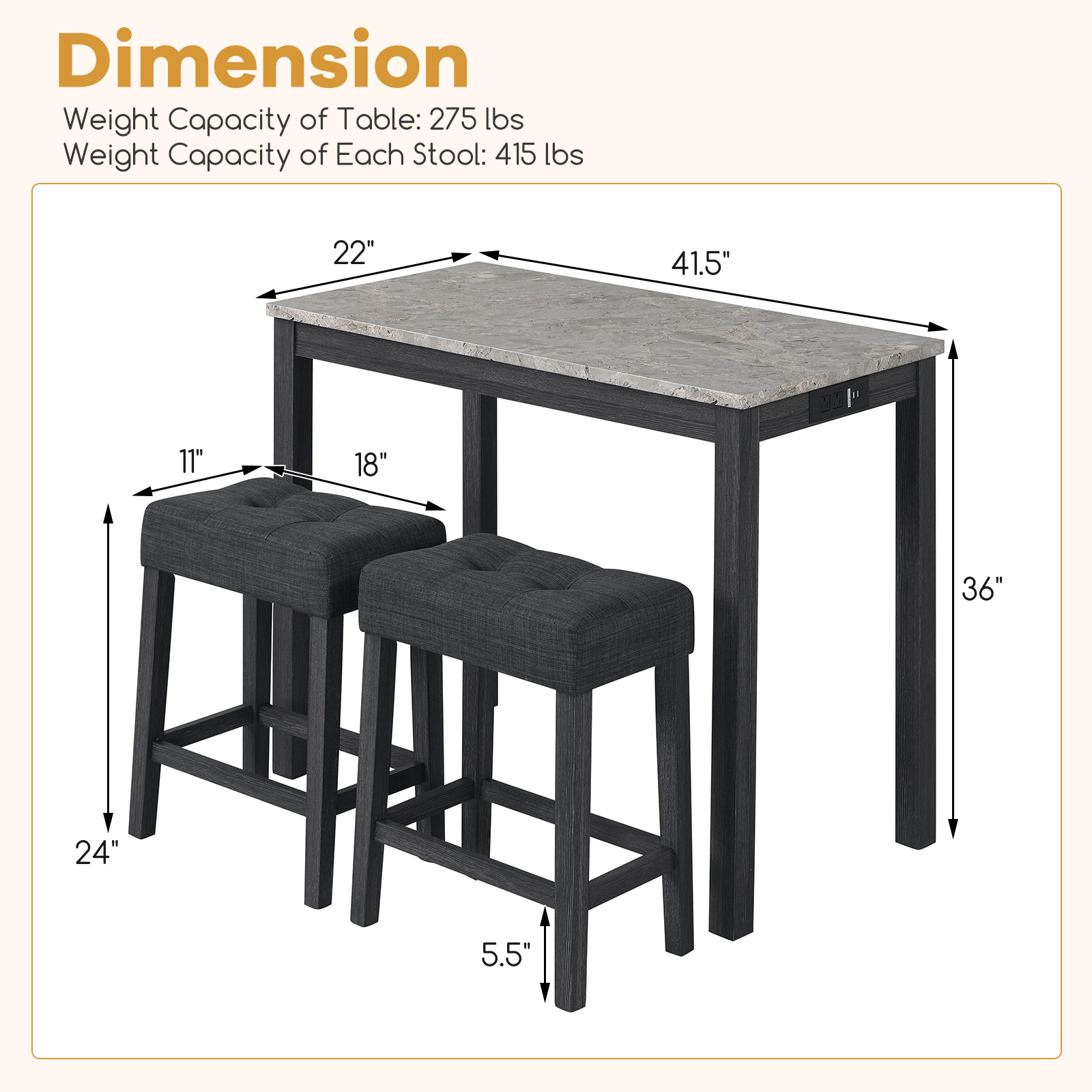 SUGIFT 3-Piece Counter-Height Bar Set with Faux Marble Top, Charging Station and Tufted Stools