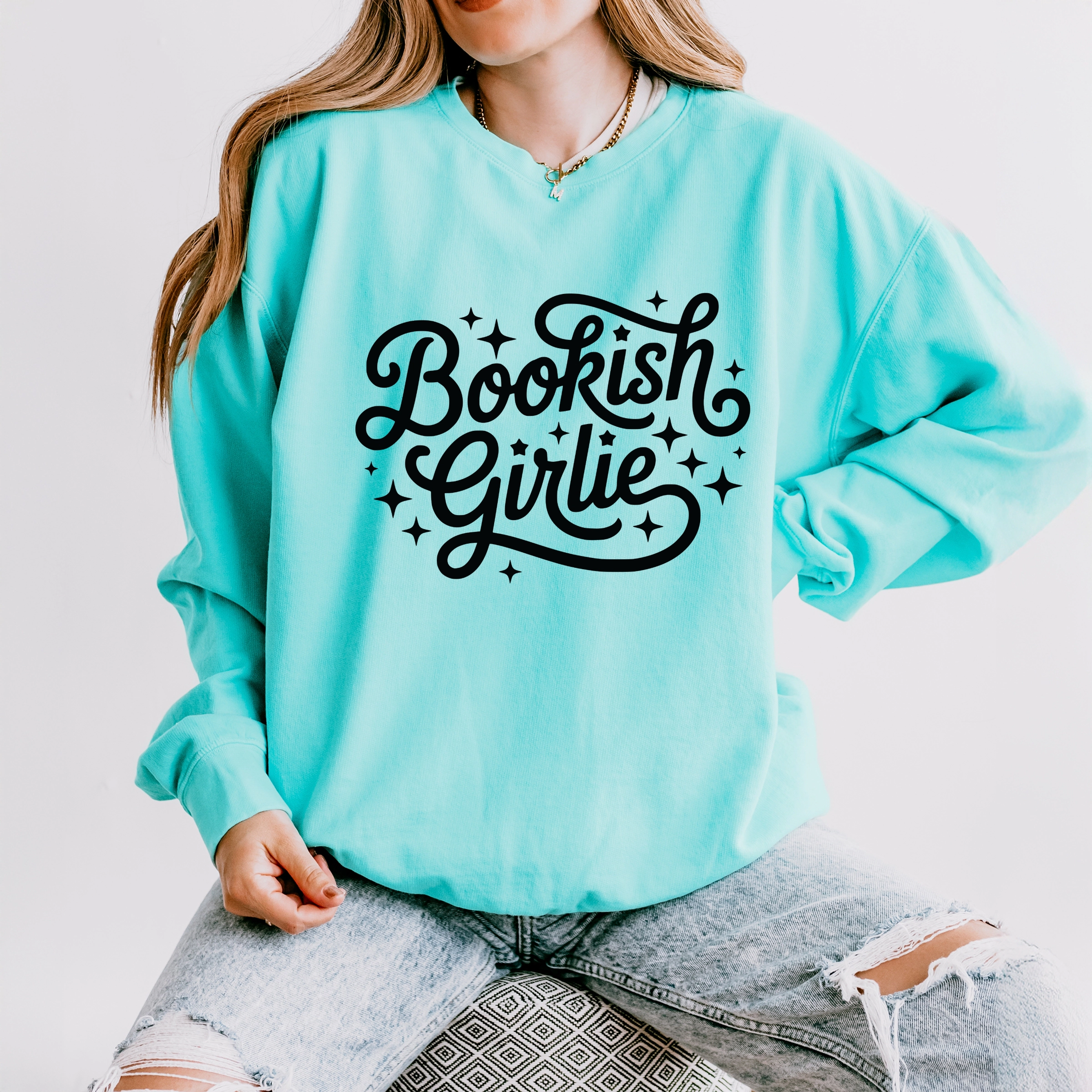 Simply Sage Market - Bookish Girlie Cursive Stars Women's Lightweight Garment Dyed Sweatshirt