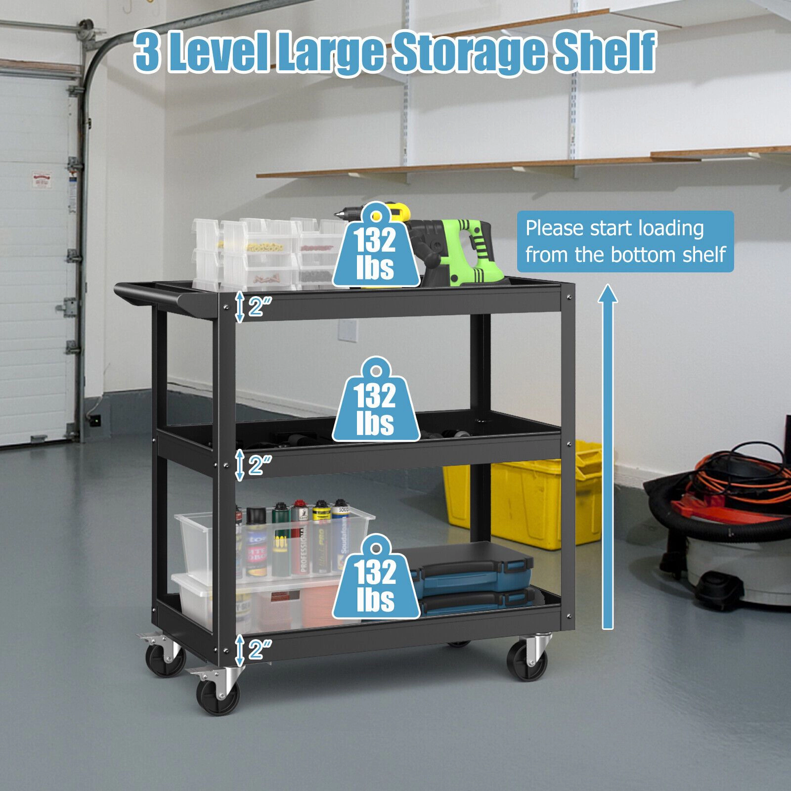 SlickBlue 3-Tier Utility Cart with Locking Wheels and Large Storage Shelves