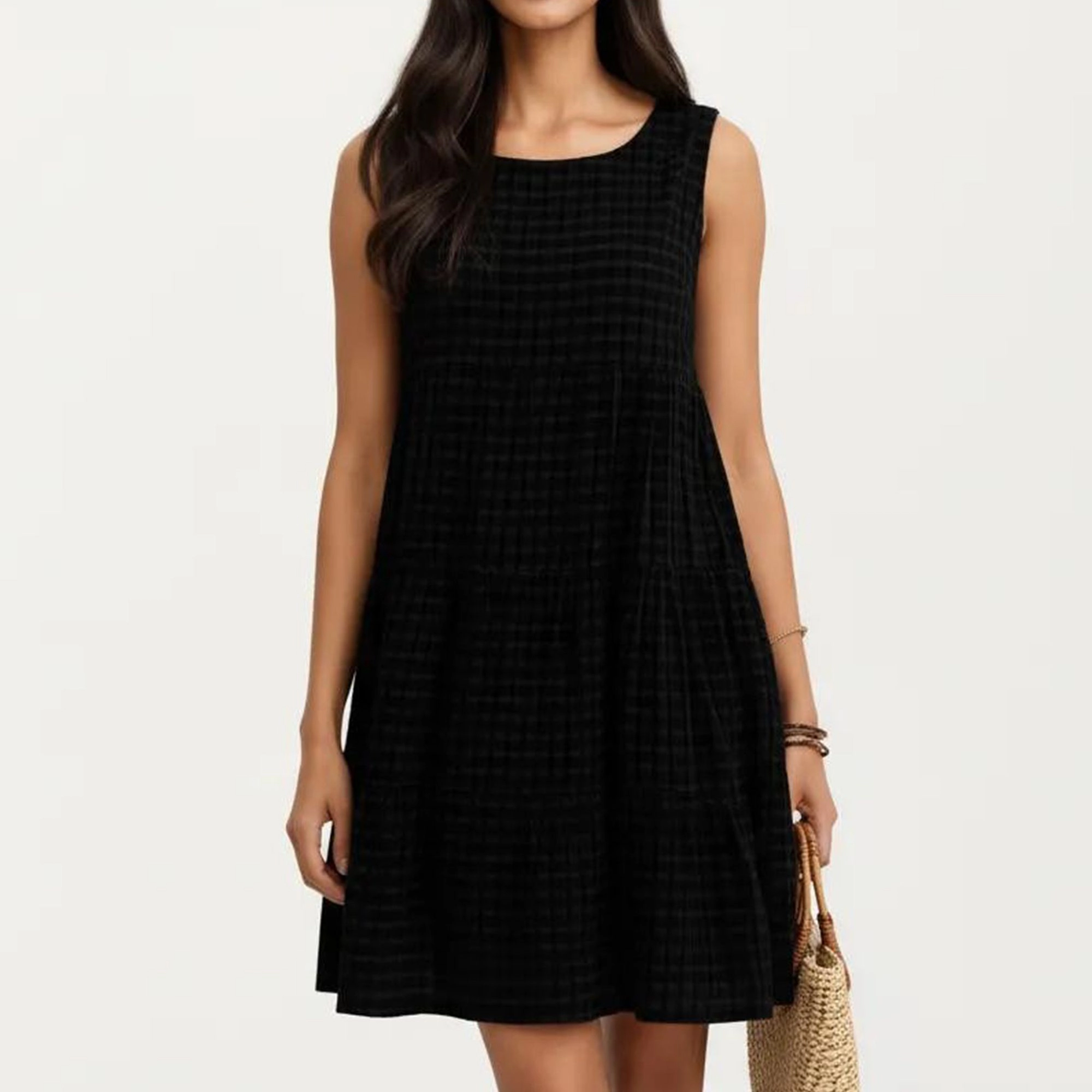 Anna-Kaci Women's Sleeveless Tiered Textured Check Pattern Round Neck A-Line Mini Dress