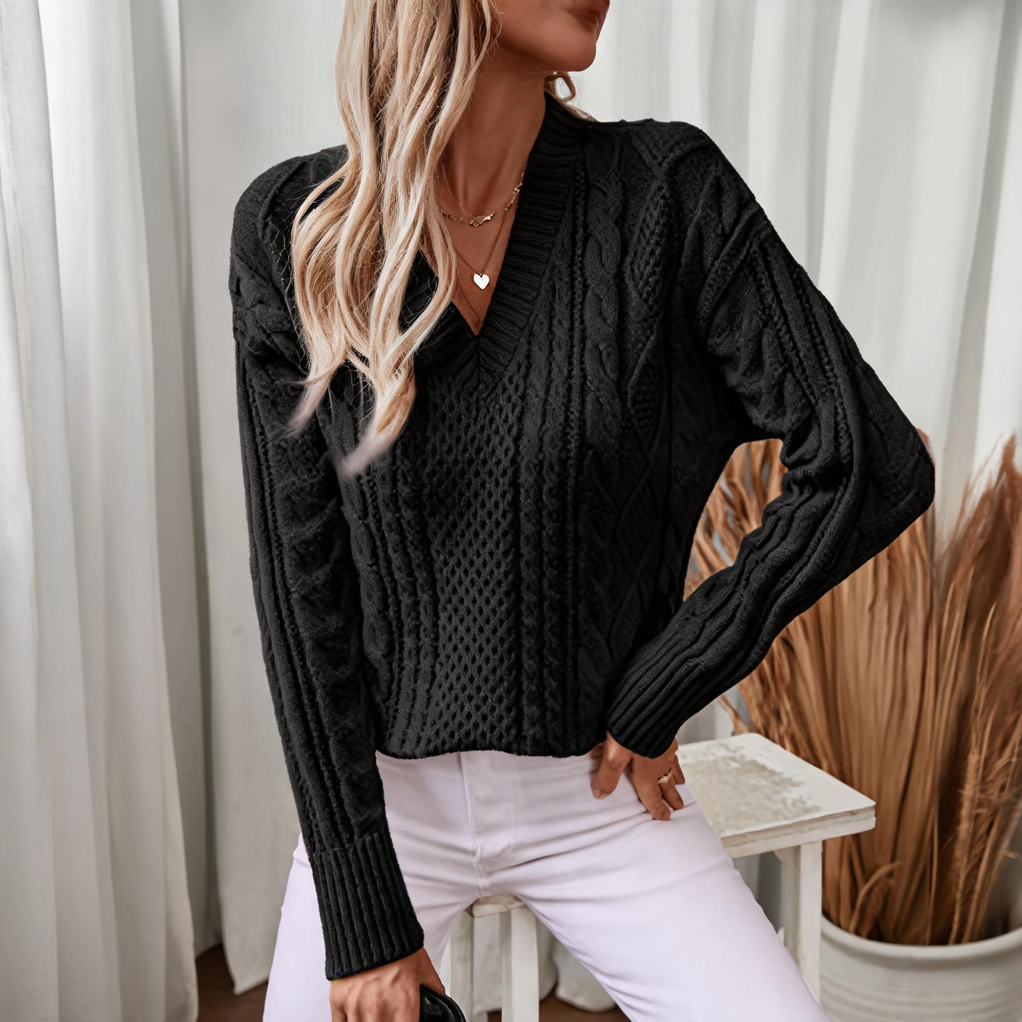 KOJOOIN Women V Neck Cable Knit Sweater Long Sleeve Chunky Pullover Loose Fit Ribbed Trim Casual Top