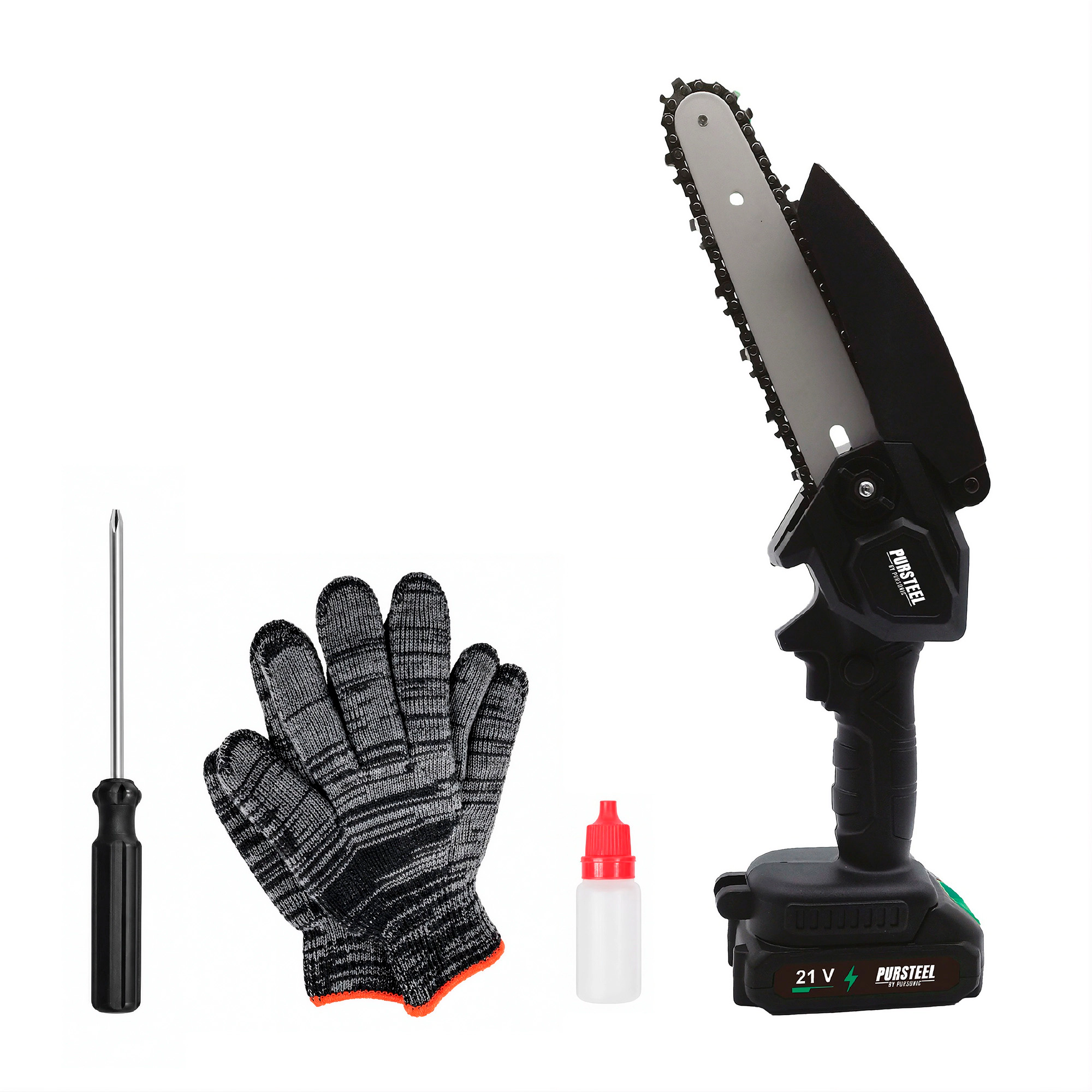 Pursonic Unisex Cordless 21V Mini Chainsaw – 6-Inch Battery Powered Handheld Pruning Saw