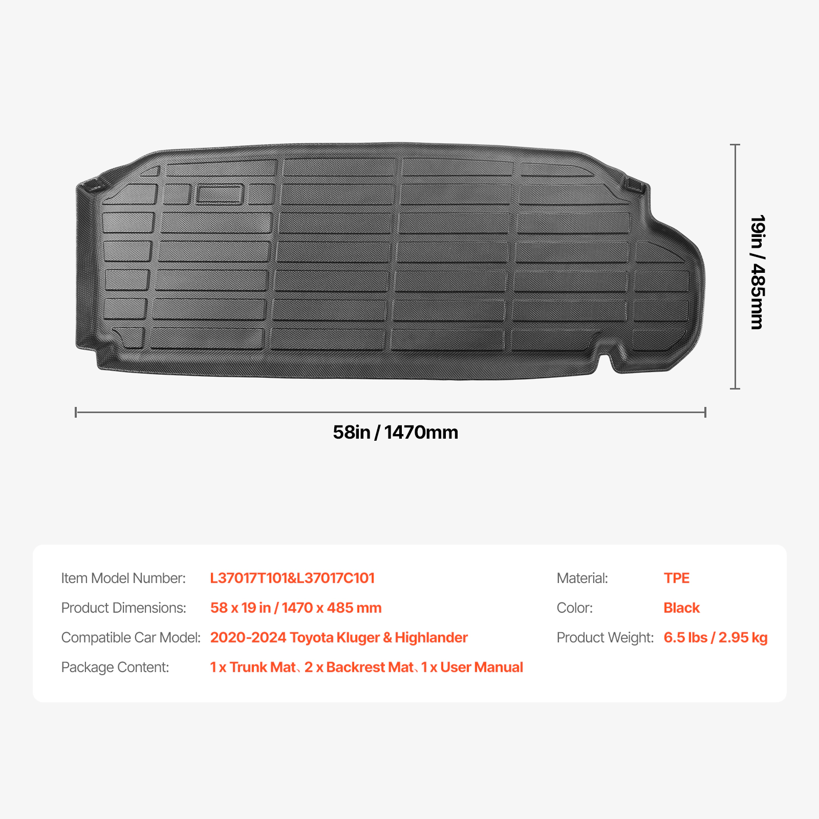 HONGGE Custom Fit TPE Cargo Mat for Toyota Kluger & Highlander 2020-2024, Trunk Liner with Backrest Mats, Black