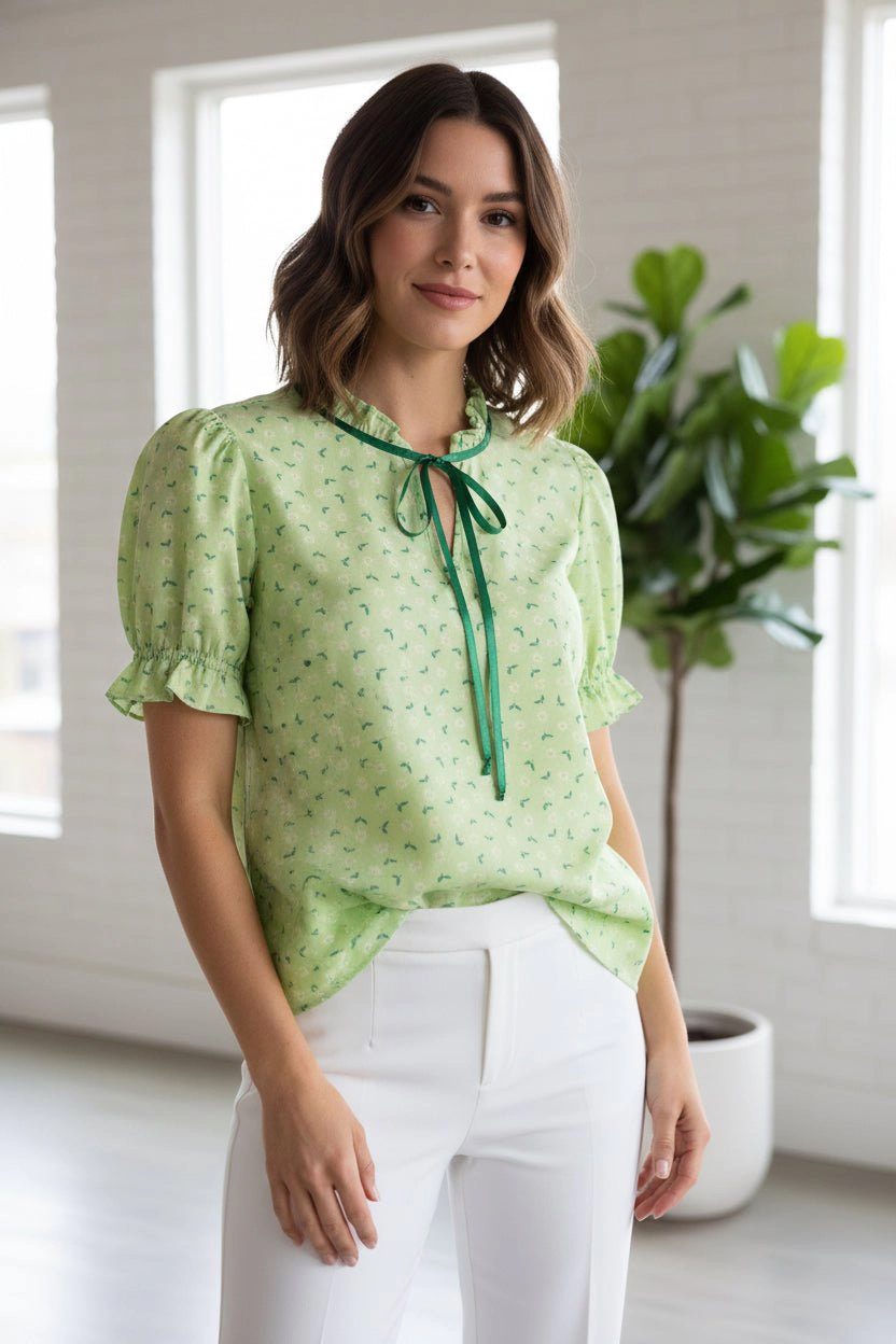 DressAtR Women's Satin Lace Ruffle Neck Puff Sleeve Green Floral Blouse
