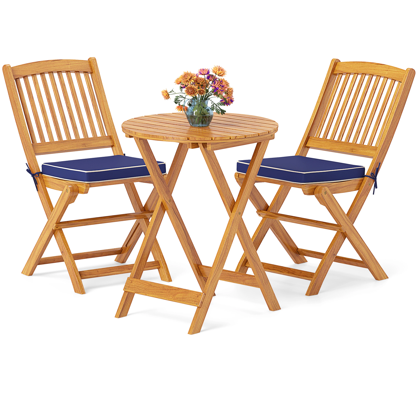 SUGIFT Navy Round Table and Cushions 3-Piece Acacia Wood Folding Patio Bistro Set