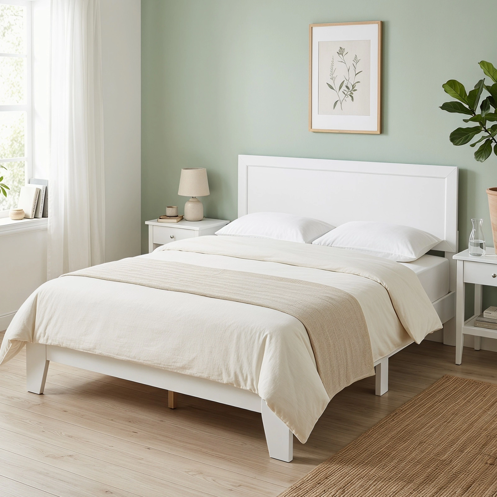 Queen Size Modern Wood Platform Bed Frame with Mid-Century Headboard Tapered Legs Wooden Slat Support White