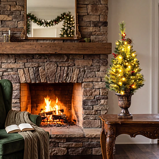 LJG LED Christmas Tree with Red Berries Pine Cones