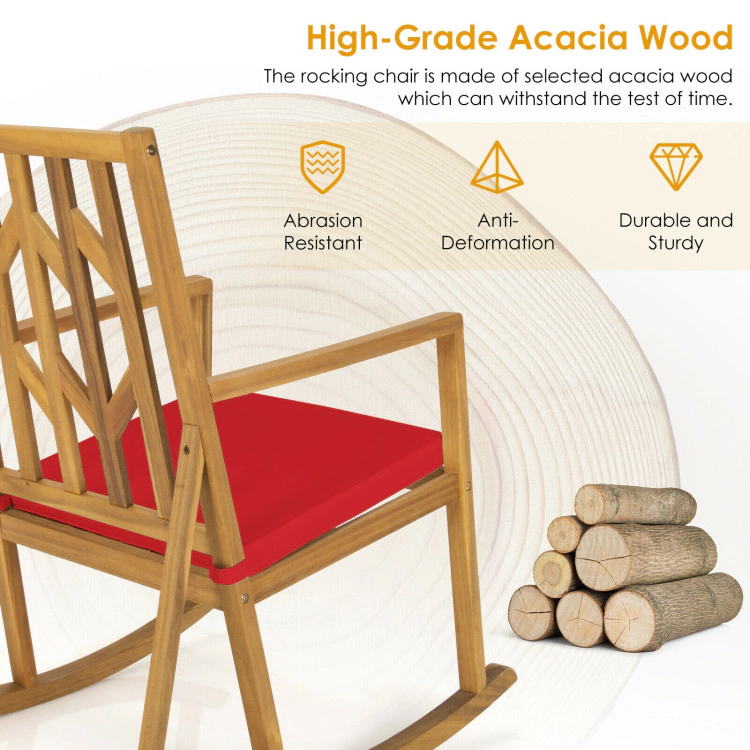 Hivvago Patio Acacia Wood Rocking Chair Sofa With Armrest And Cushion For Garden Deck