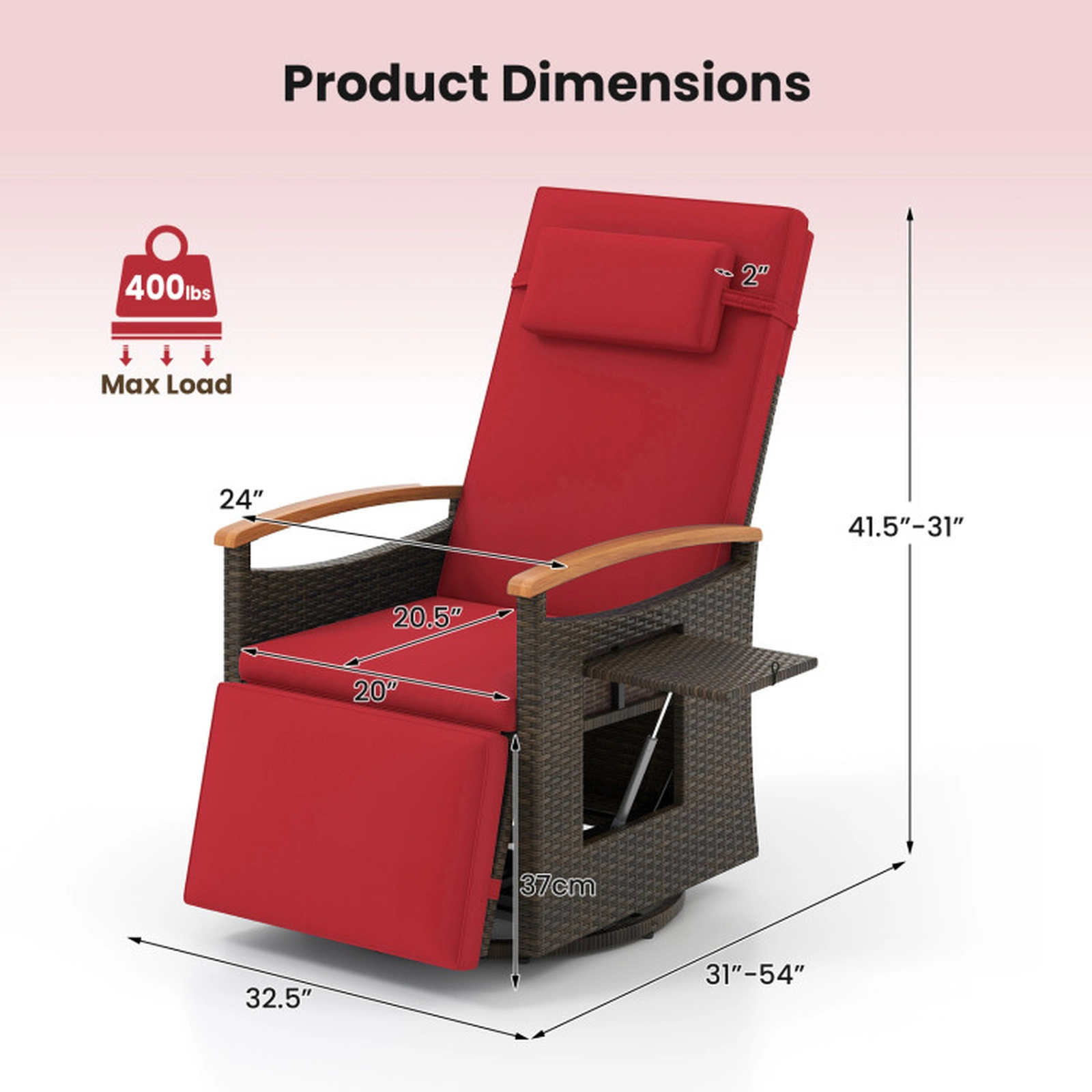 SUGIFT Patio Rattan 360° Swivel Recliner Chair with Adjustable Backrest and Footrest 400-lb Capacity 54-in Deep Red