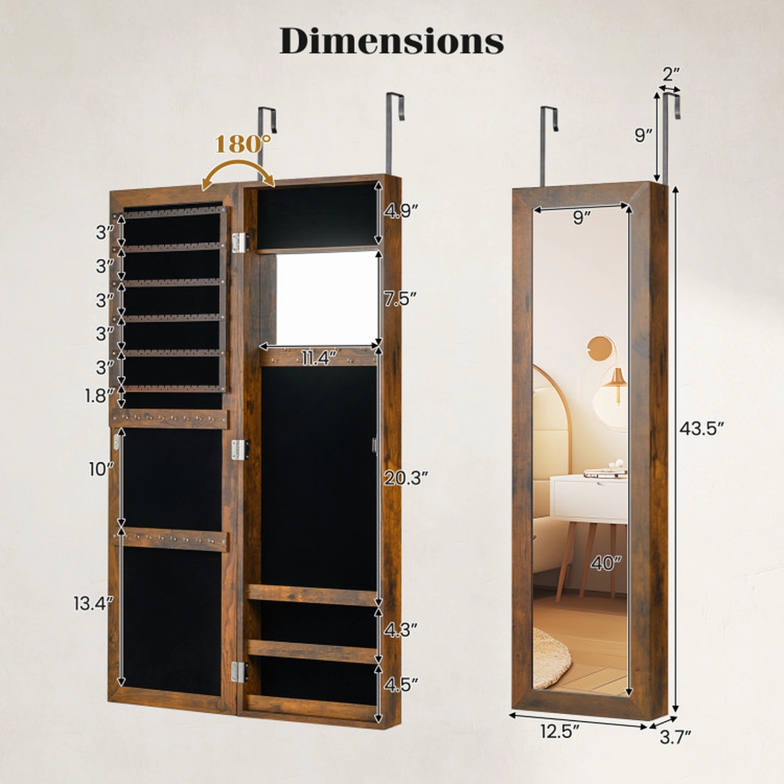 SUGIFT Over Door Mount Full-Length Mirror Jewelry Cabinet Armoire 12.5-in x 3.7-in x 43.5-in 25 Hooks Rustic Brown