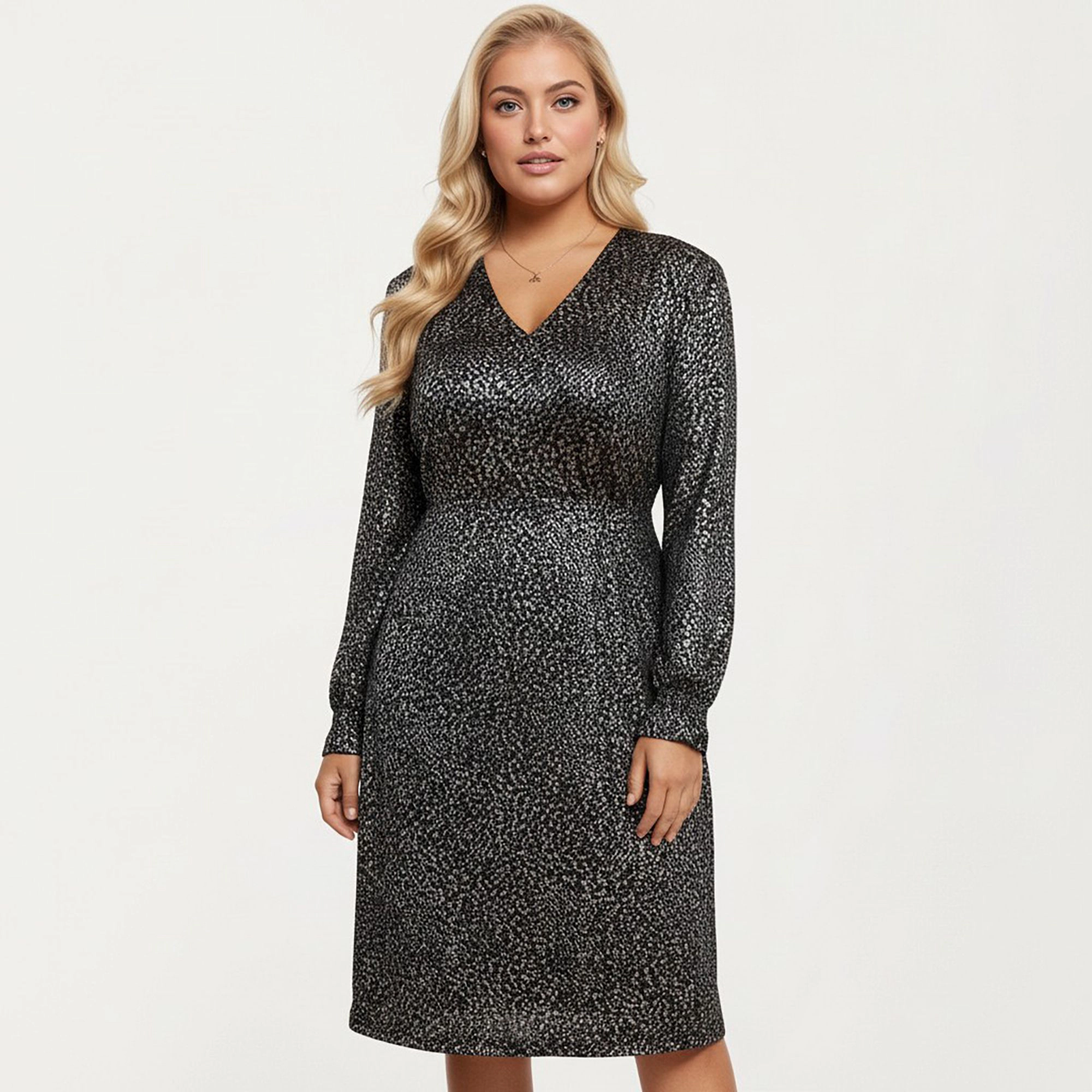 Anna-Kaci Women's Plus Dotted Print Long Sleeve V Neck Fitted Waist Flowy Skirt Midi Dress