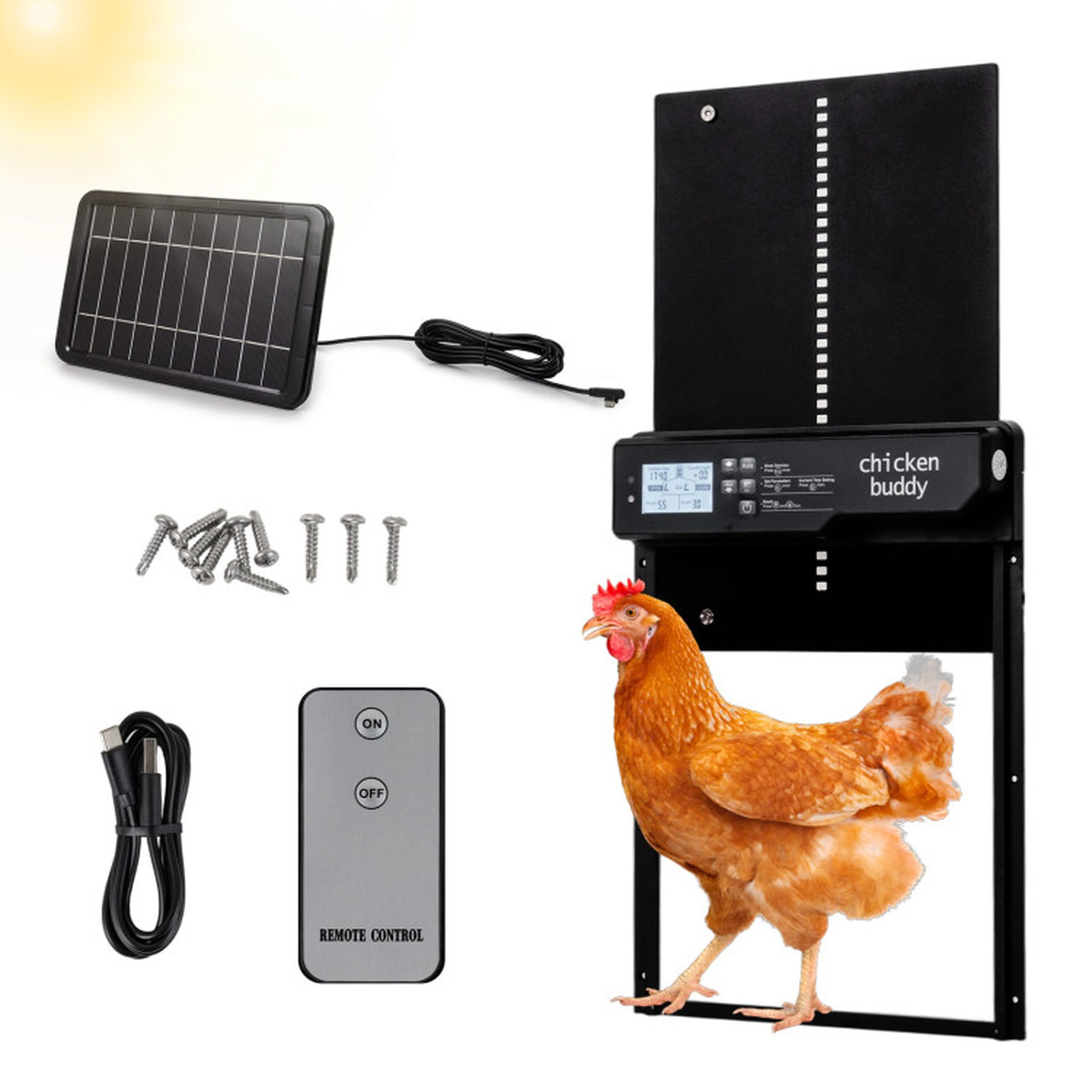 SUGIFT Solar Powered Automatic Chicken Coop Door with Remote Control and Light Sensor Timer Black
