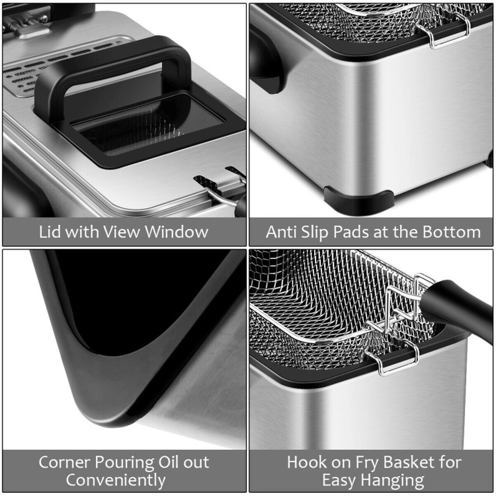 SUGIFT 1700W Electric Deep Fryer 3.2-qt Oil Capacity 12-Cup Basket 60-Minute Timer 302-374 F Thermostat Black/Silver