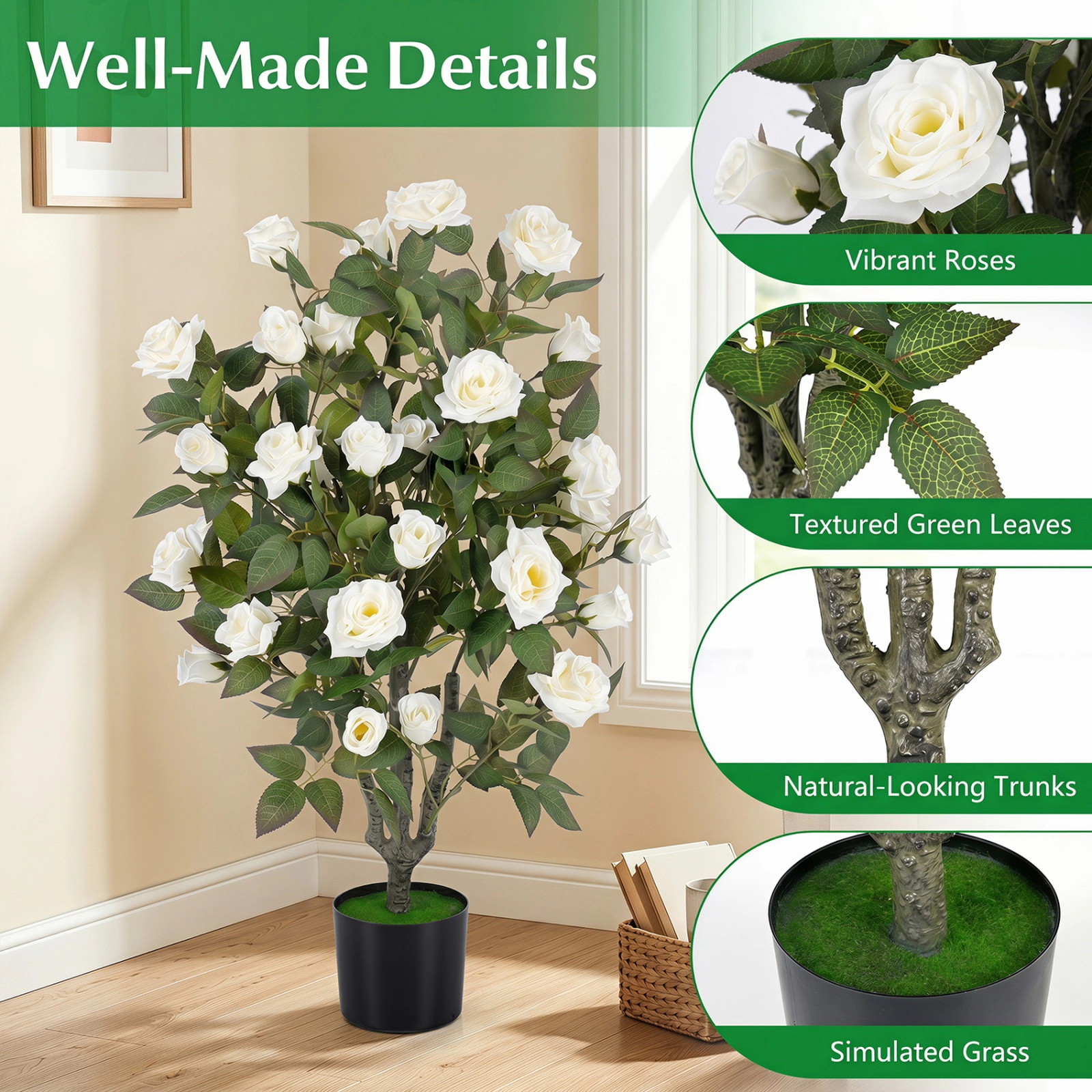 SUGIFT Set of 2 Artificial Rose Trees with Blooming Flowers in 6 x 5 in Pots 35.5-in Tall Indoor White and Green