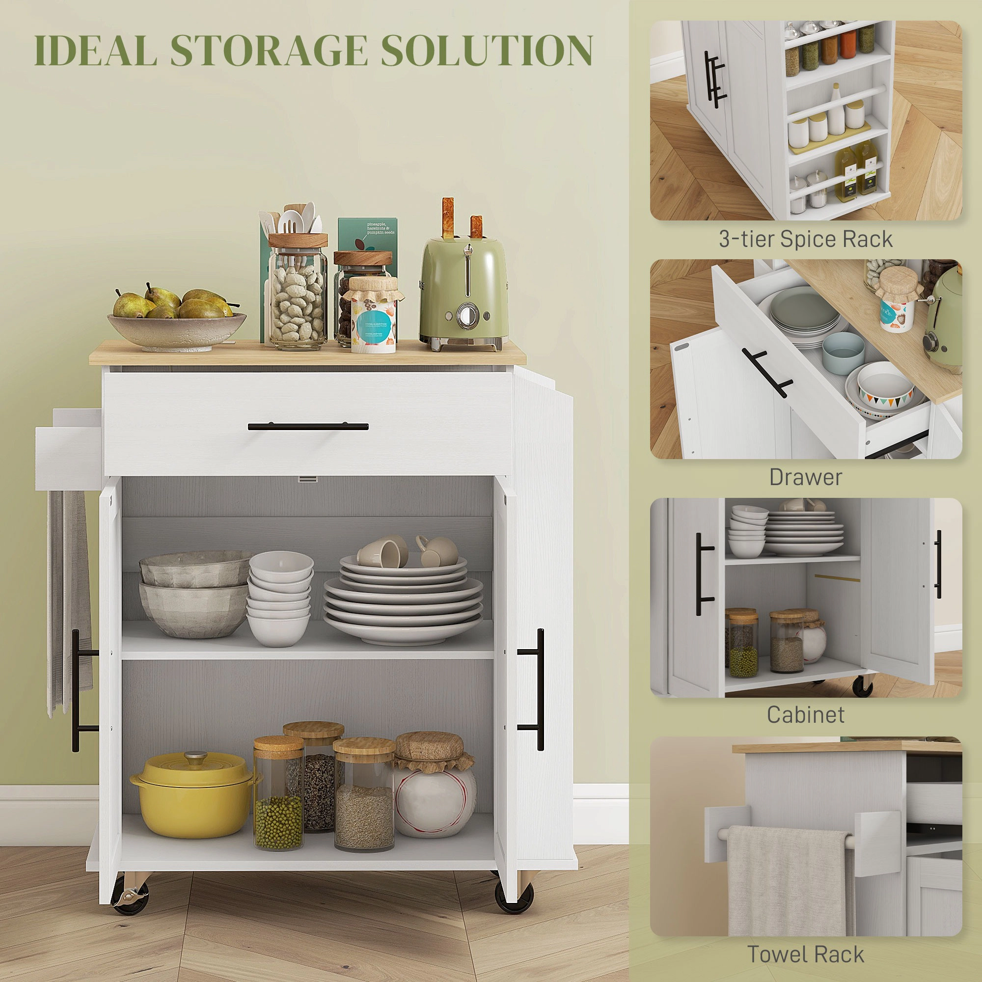 HONGGE White Rolling Kitchen Island Cart on Wheels with Power Outlets, Storage Drawer and Cabinet Doors