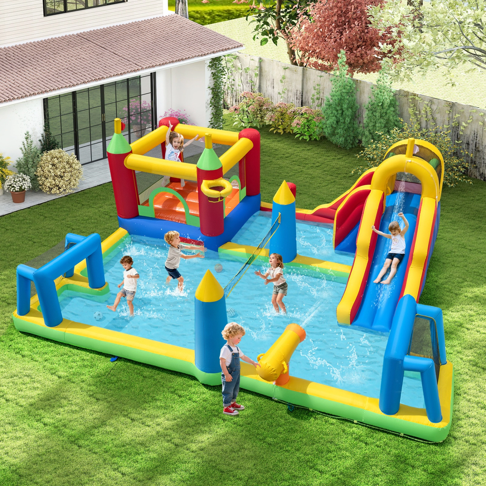 SUGIFT Inflatable 9-in-1 Water Slide Bounce House Jumping Castle Climbing Wall 200-lb Capacity Ages 3-12 Multi-color