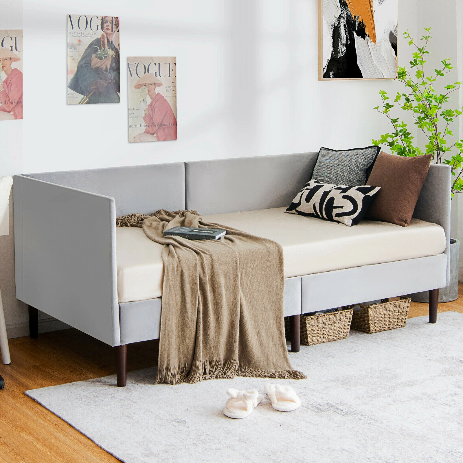 SUGIFT Gray Velvet Cover and Wooden Slat Support Twin Size Upholstered Daybed Frame