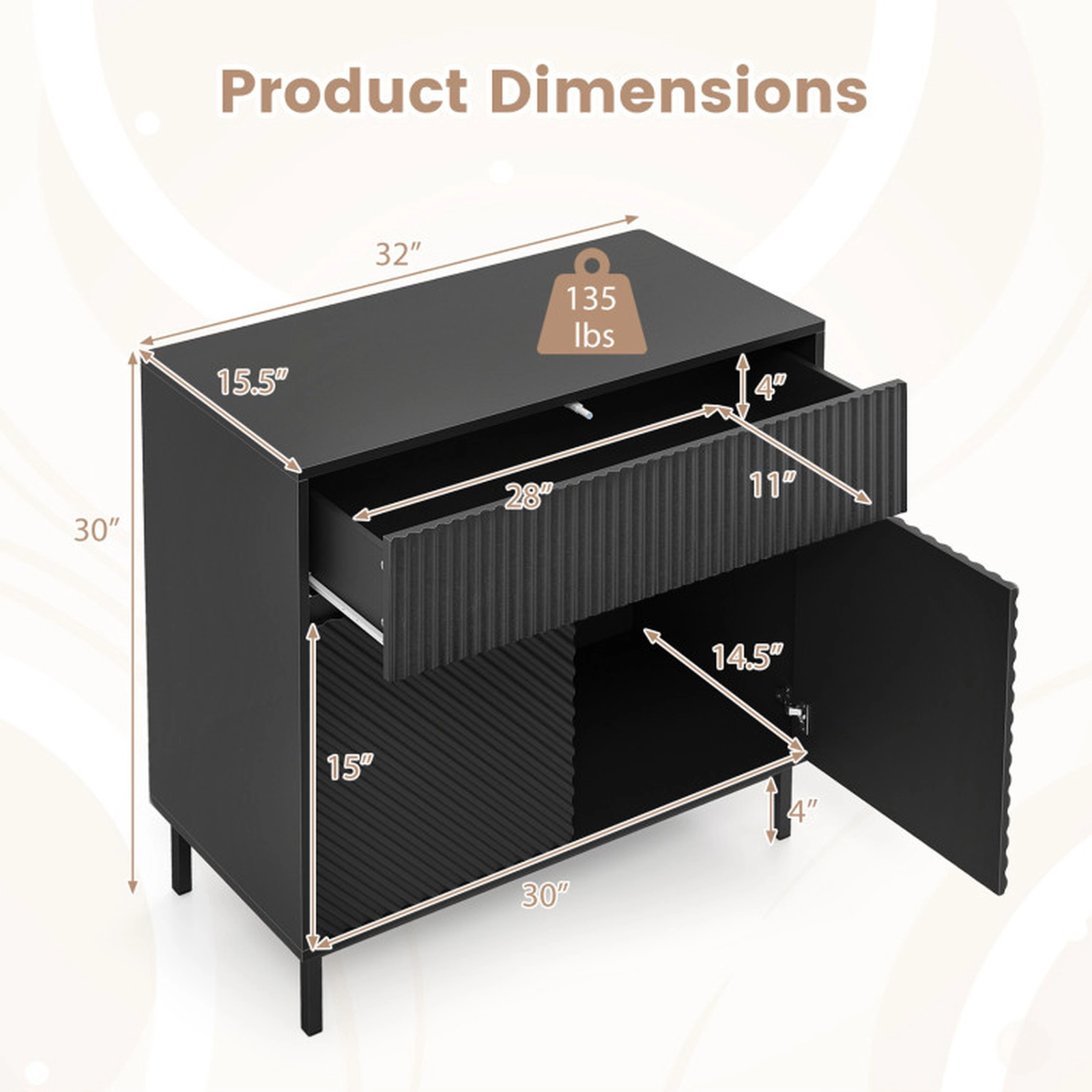 SUGIFT 32-in Wide Buffet Cabinet with 2 Doors and 1 Drawer 200-lb Capacity Black