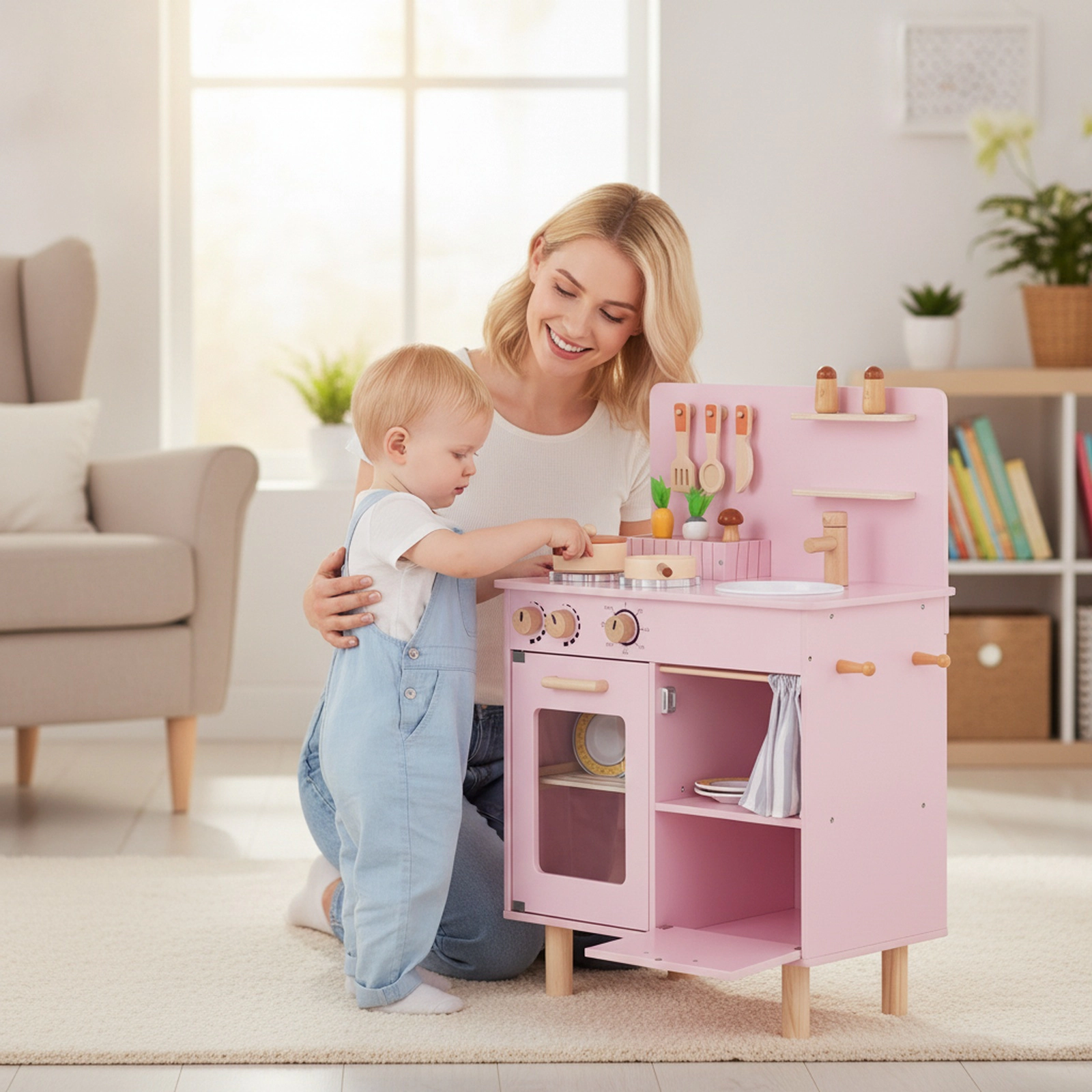 Wooden Play Kitchen for Toddlers with Clicking Stove Faucet Sink Dishwasher and Anti-Tip Design 20-in x 12-in x 32-in