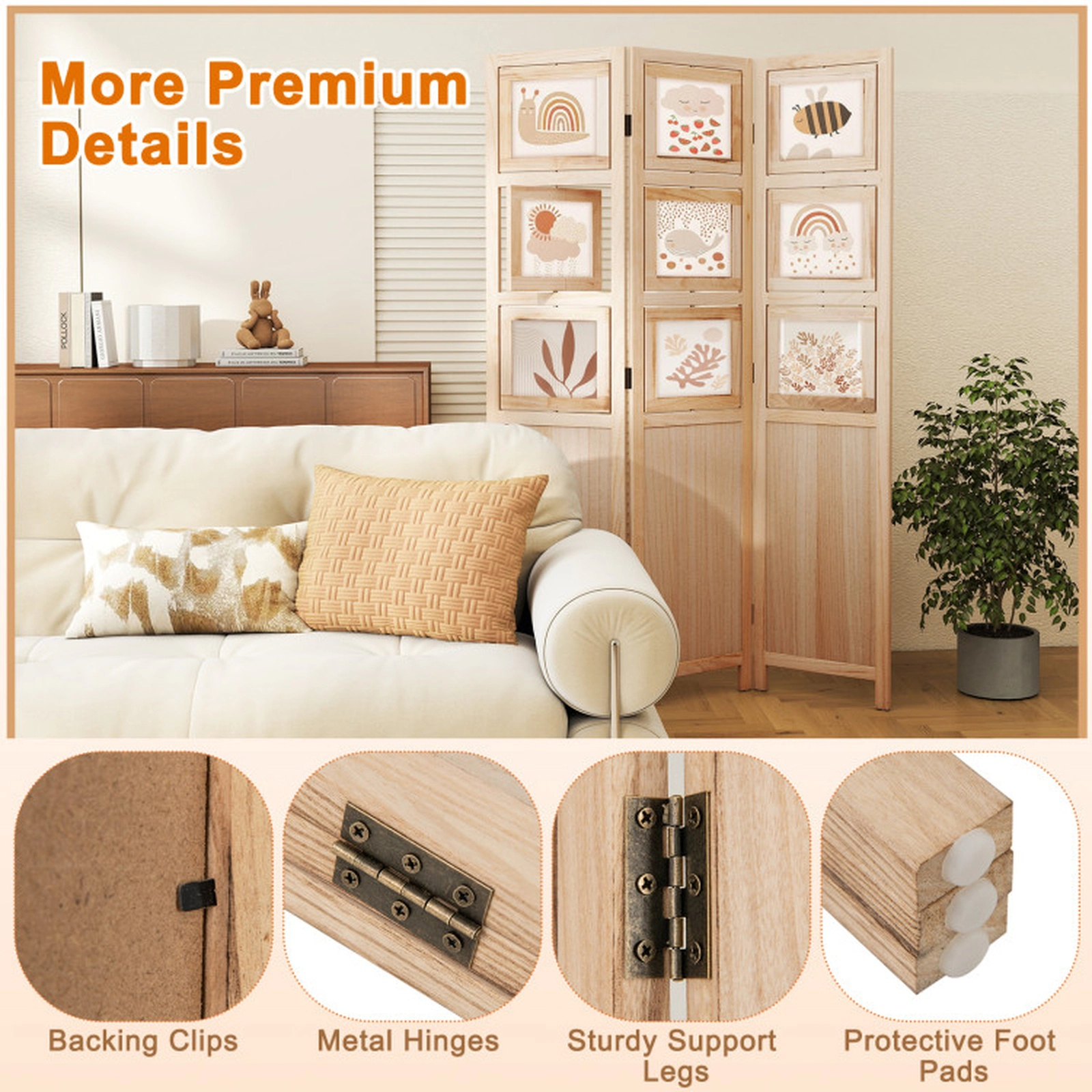 SUGIFT Natural 3-Panel 48-in Wide Folding Wood Room Divider Privacy Screen with 9 Swivel Photo Frames