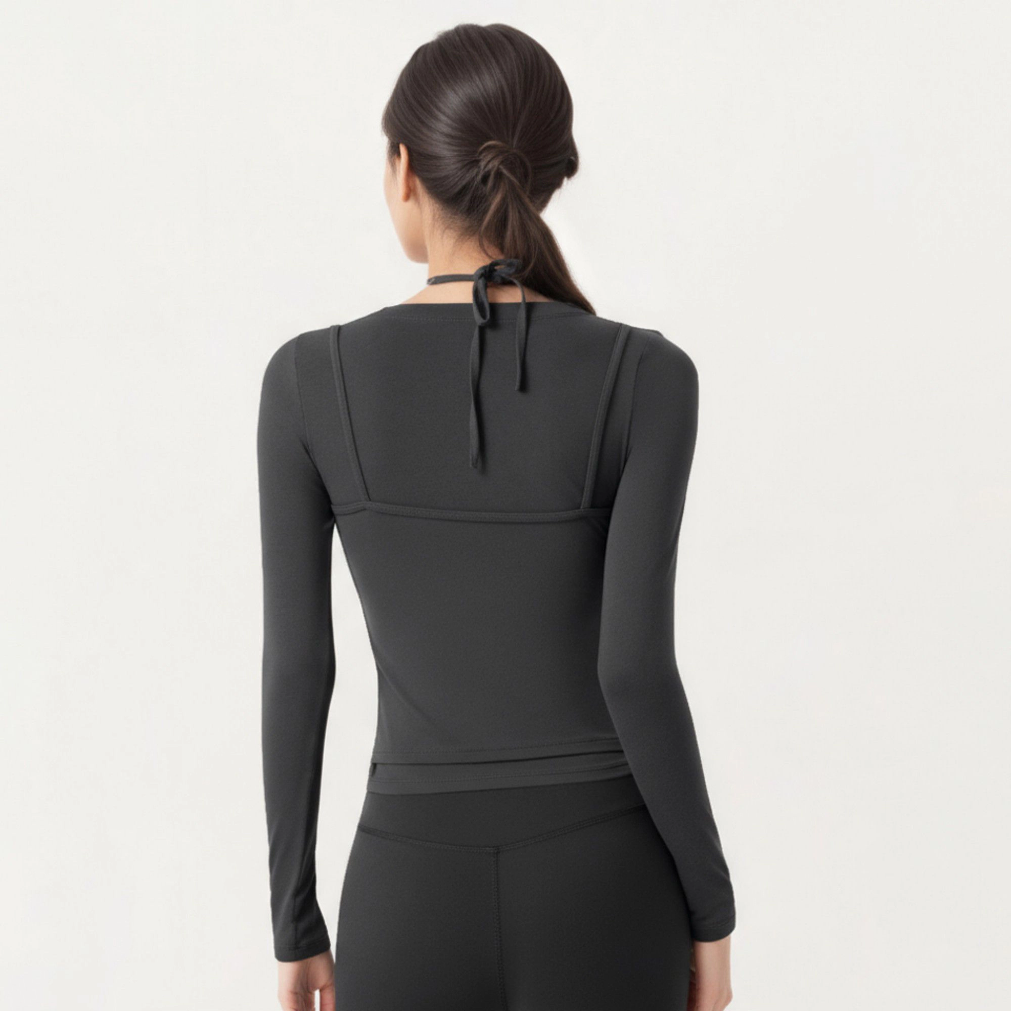 Anna-Kaci Women's Long Sleeve Active Top with Layered Strap Detail Slim Contoured Fit and Modern Minimal Silhouette
